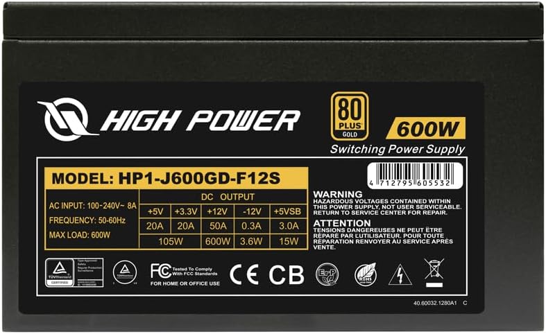 HIGH POWER 600W Power Supply, 80 Plus Gold Certified PSU, Continuous Power with 120mm Whisper Quiet Fan, ATX 12V V2.3/EPS 12V Active PFC Reliable Performance, Energy-Efficient - Image 4