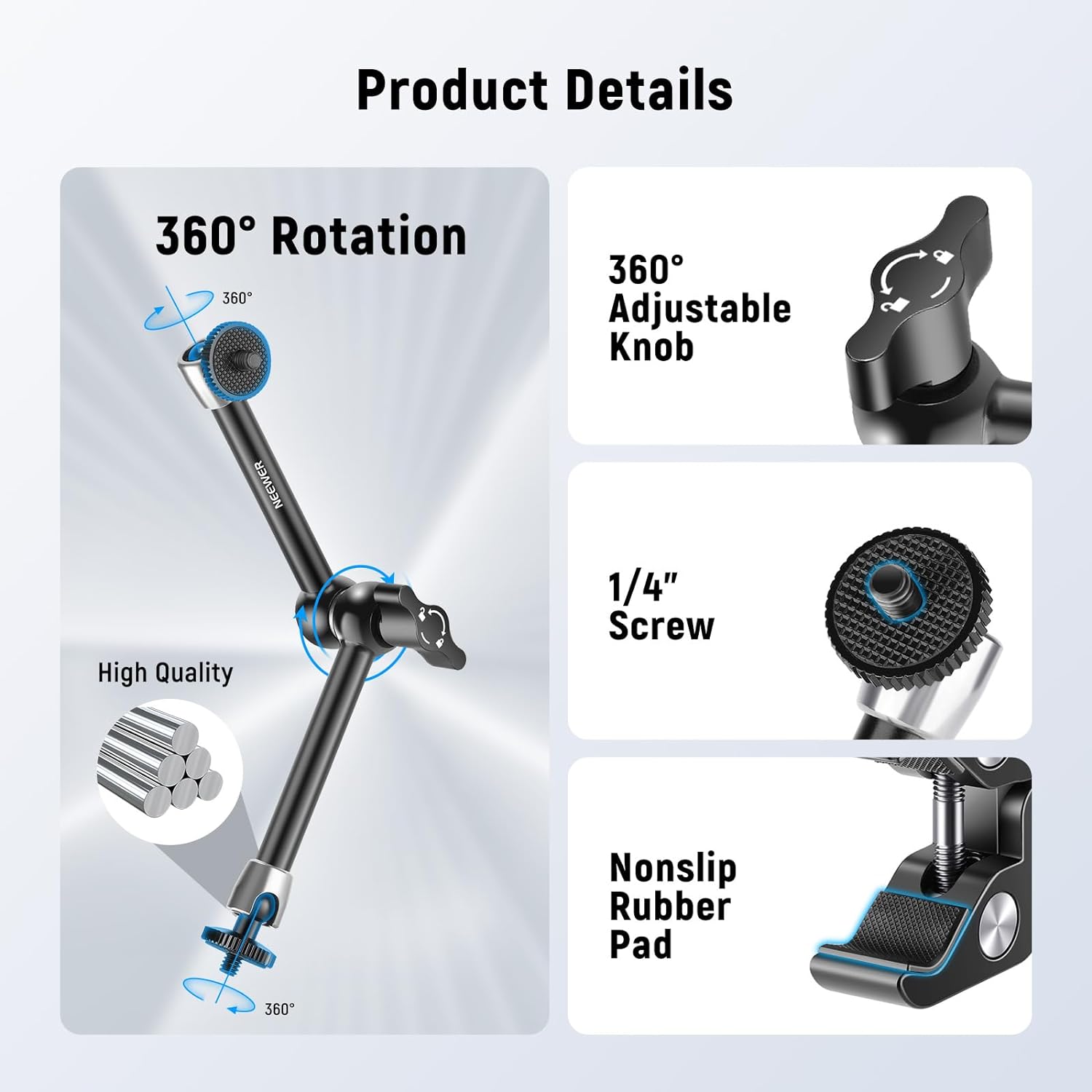 NEEWER 9.8"/25cm Adjustable Magic Arm with Super Clamp, 1/4" & 3/8" Threads, 1/4" Screws for Flash/LED Light/Microphone/Monitor, Compatible with SmallRig Camera Cage, Max Load: 3.3lb/1.5kg, ST25C - Image 3