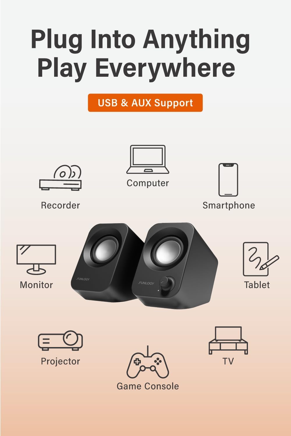 FUNLOGY Speaker - 14W Stereo PC Speakers, USB Powered, Compact Size with 30° Tilt Design, Volume Dial Control, for Desktop, Laptop, Monitor, Gaming Consoles, Black - Image 4