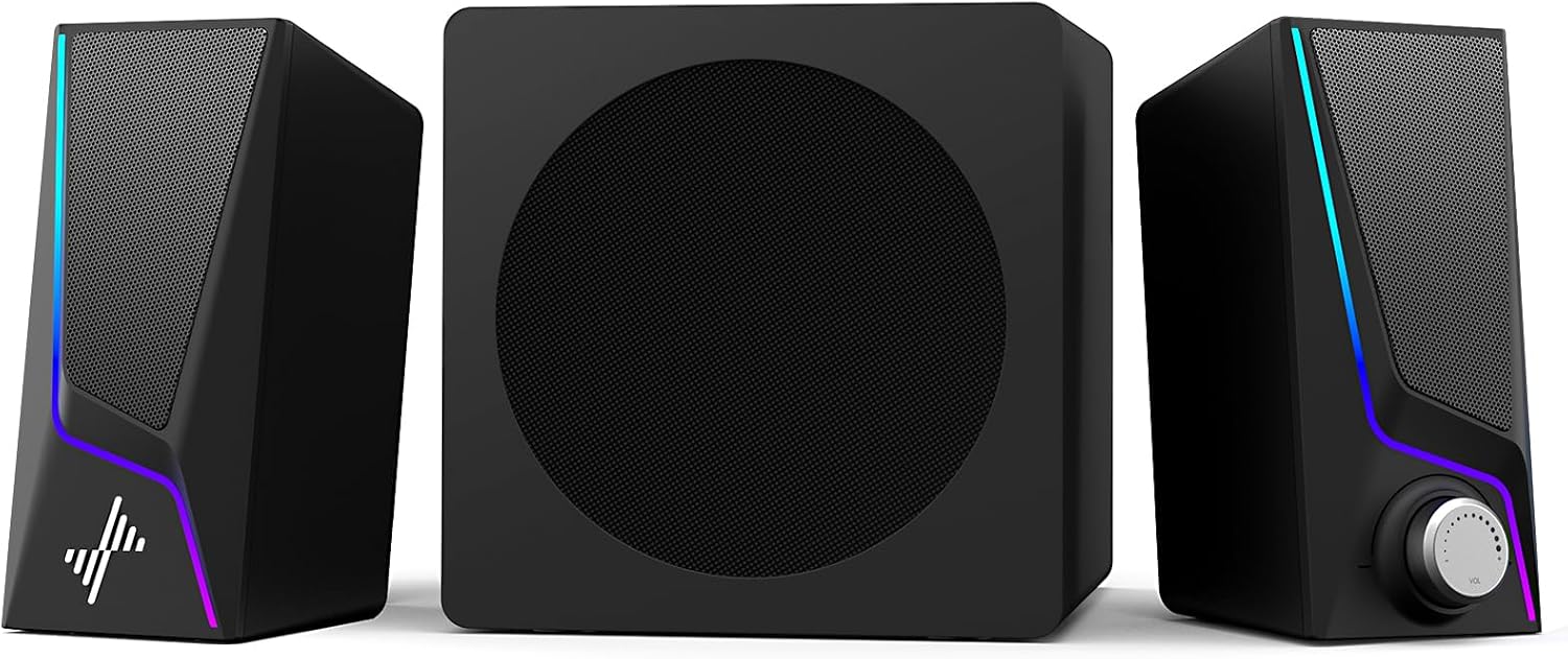 Nylavee Computer Speakers with Subwoofer, 2.1 PC Speakers System with 8 Lighting Modes, 60W Peak Power, AC Adapter Powered, Bluetooth 5.4, USB/USB-C and 3.5mm Aux in for Desktop, Monitor, Gaming