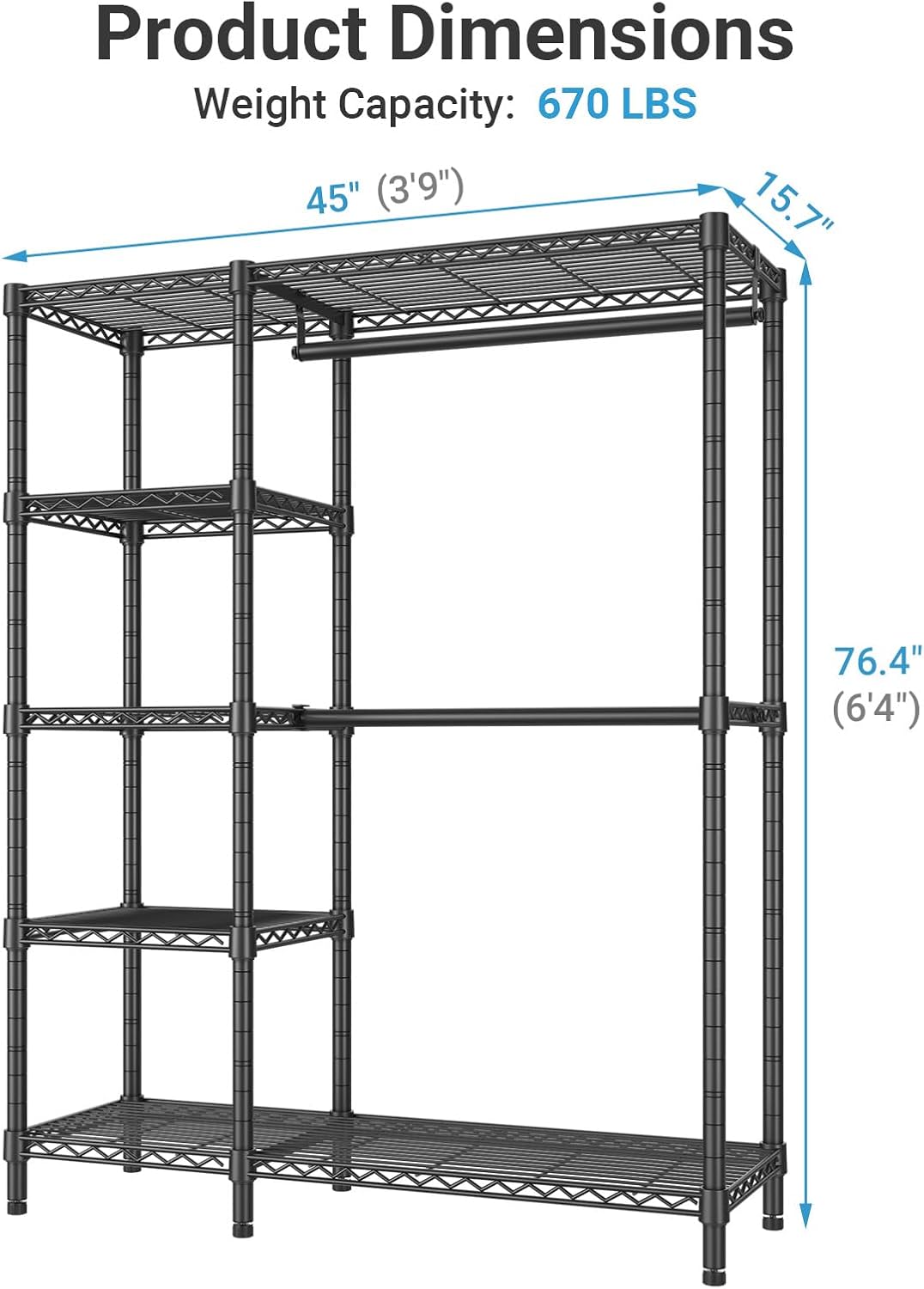 VIPEK V7 Garment Rack for Hanging Clothes Heavy Duty Clothes Rack with Shelves, Portable Closet Racks Metal Clothing Racks 5 Tiers Freestanding Closet Wardrobe System, Max Load 670lbs, Black - Image 4