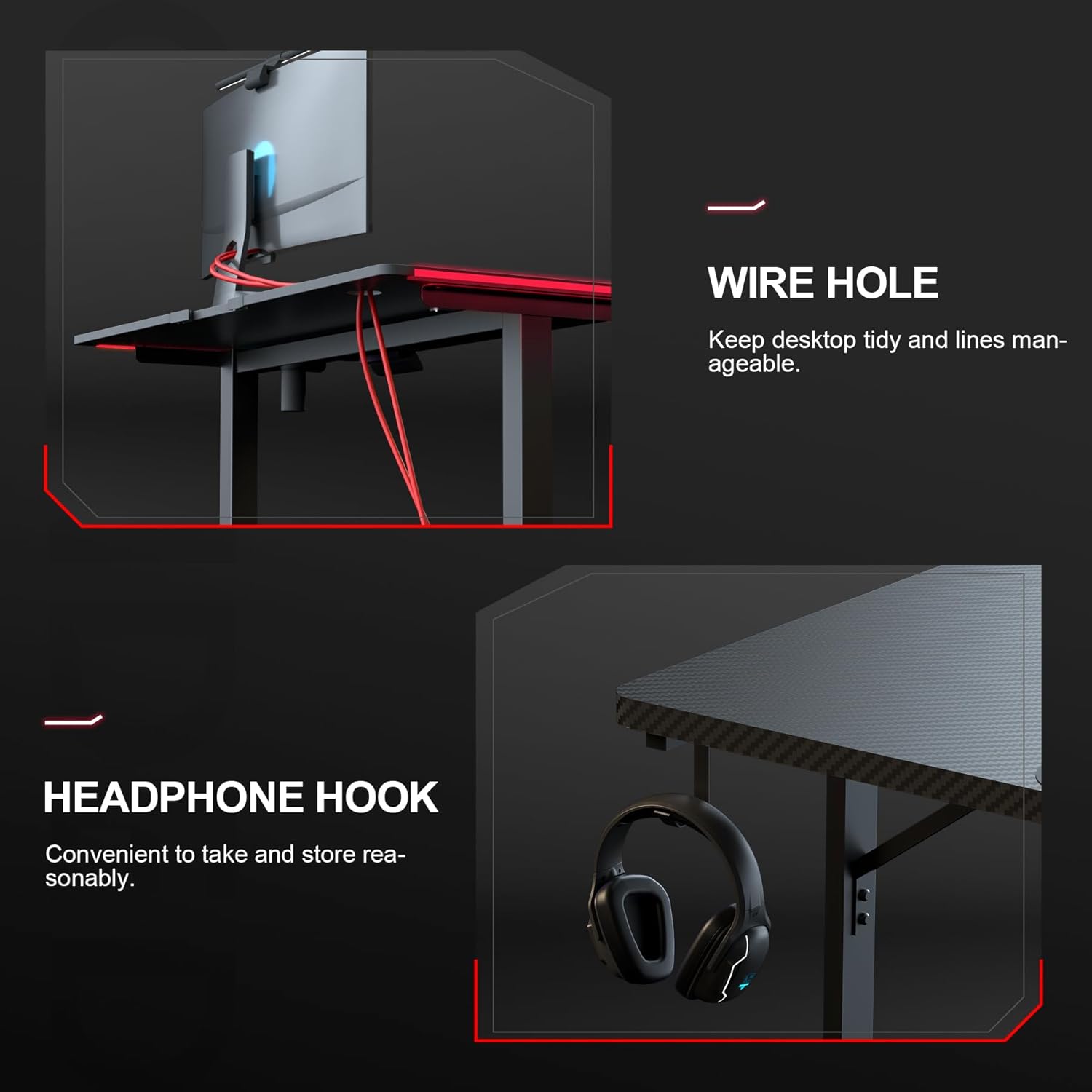 GTPLAYER 55 Inch Gaming Desk with LED Lights, Large Computer Desk with Mouse Pad for Home Office, T-Shaped Carbon Fibre Surface PC Game Workstations with Headphone Hook - Image 6