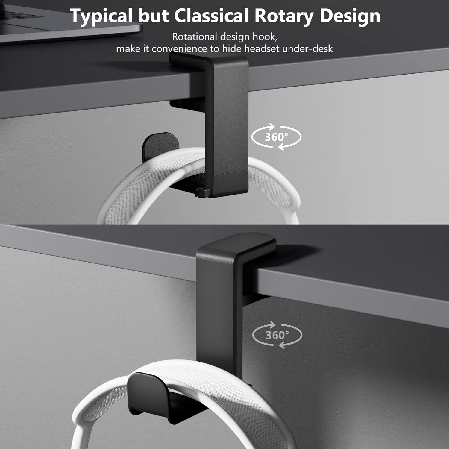 Rotating Headphone Stand - EURPMASK PC Gaming Headset Stand, Adjustable Clamp-on Headphone Holder, Headphone Hanger Hook Under Desk with 360 Degree Swivel&Cable Clip Organizer - Black, 2 Pack - Image 4