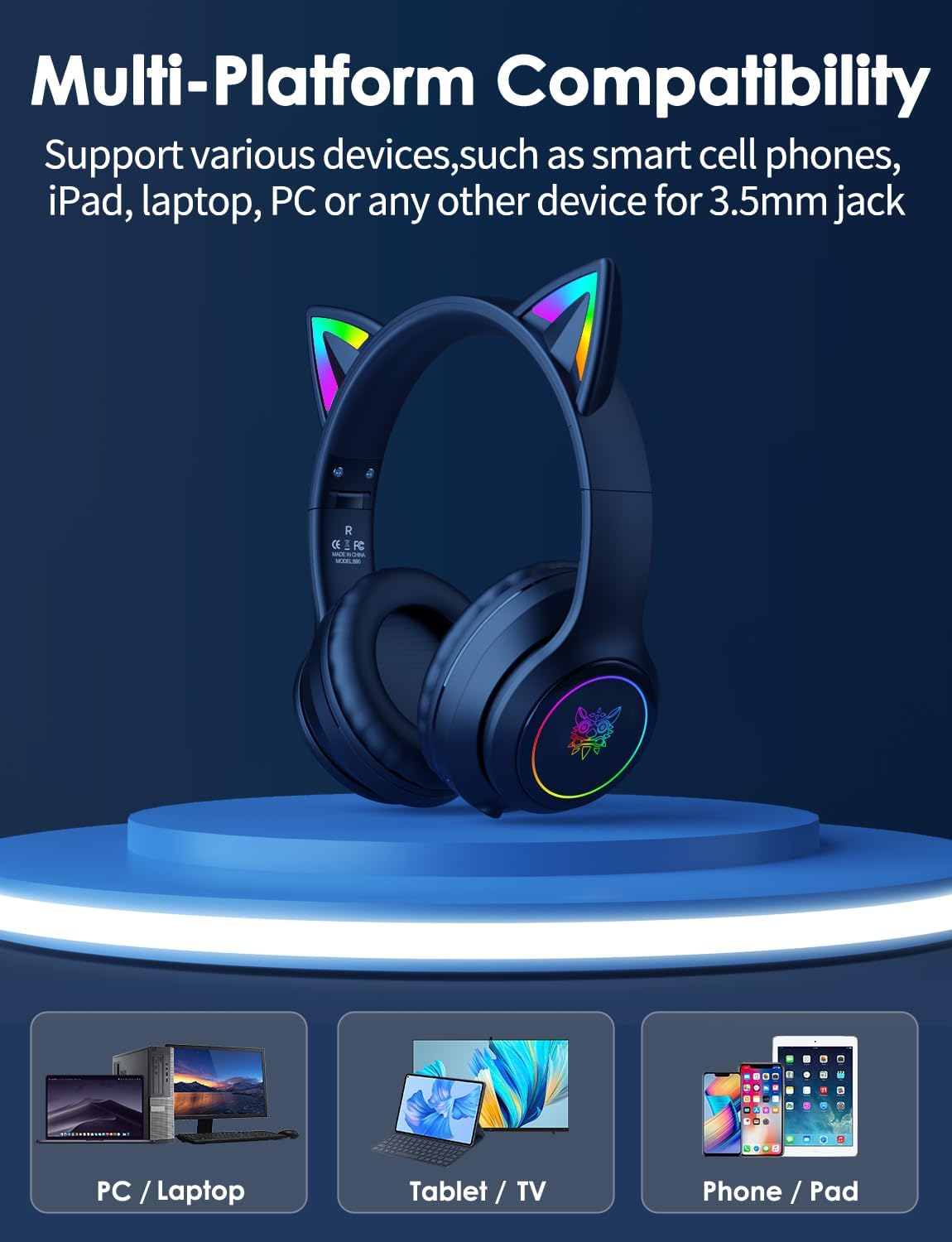 Cat Ear Bluetooth Headphones for Kids & Adults, 55H Play Time, Wireless Foldable & Wired Multi-Function LED Light Up Over Ear Headphones with Mic and Volume Control for iPhone/iPad/Laptop/PC - Image 5