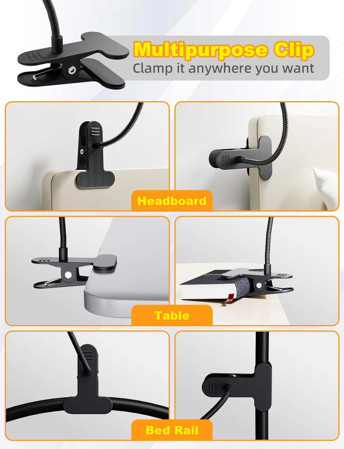 Desk Lamp with Clamp-10W,2-in-1 with RGB Ambient & Warm White Light,Book Reading Light Color Changeable/Flexible Gooseneck LED Lamps Clip on Bed Headboard and Computers 800LM-Black - Image 4