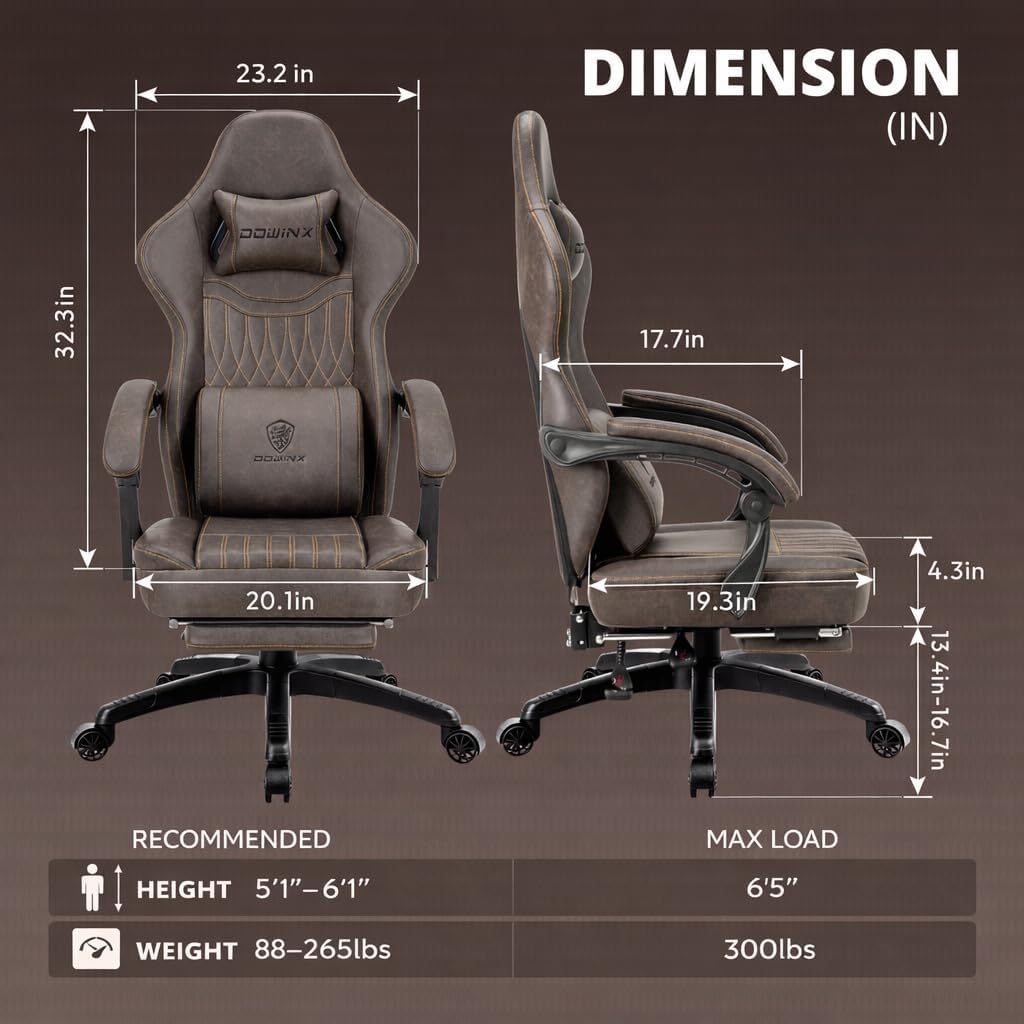 Dowinx Gaming Chair Breathable PU Leather Gamer Chair with Footrest Massage Lumbar Support, Big and Tall Ergonomic Reclining Computer Chair with Pocket Spring Cushion for Adults Teens (Brown) - Image 2
