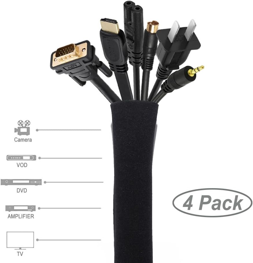 JOTO 4 Pack Cable Management Sleeve, 19-20 Inches Cord Organizer System with Zipper for TV Computer Office Home Entertainment, Flexible Cable Sleeve Wrap Cover Wire Hider System -Black - Image 2