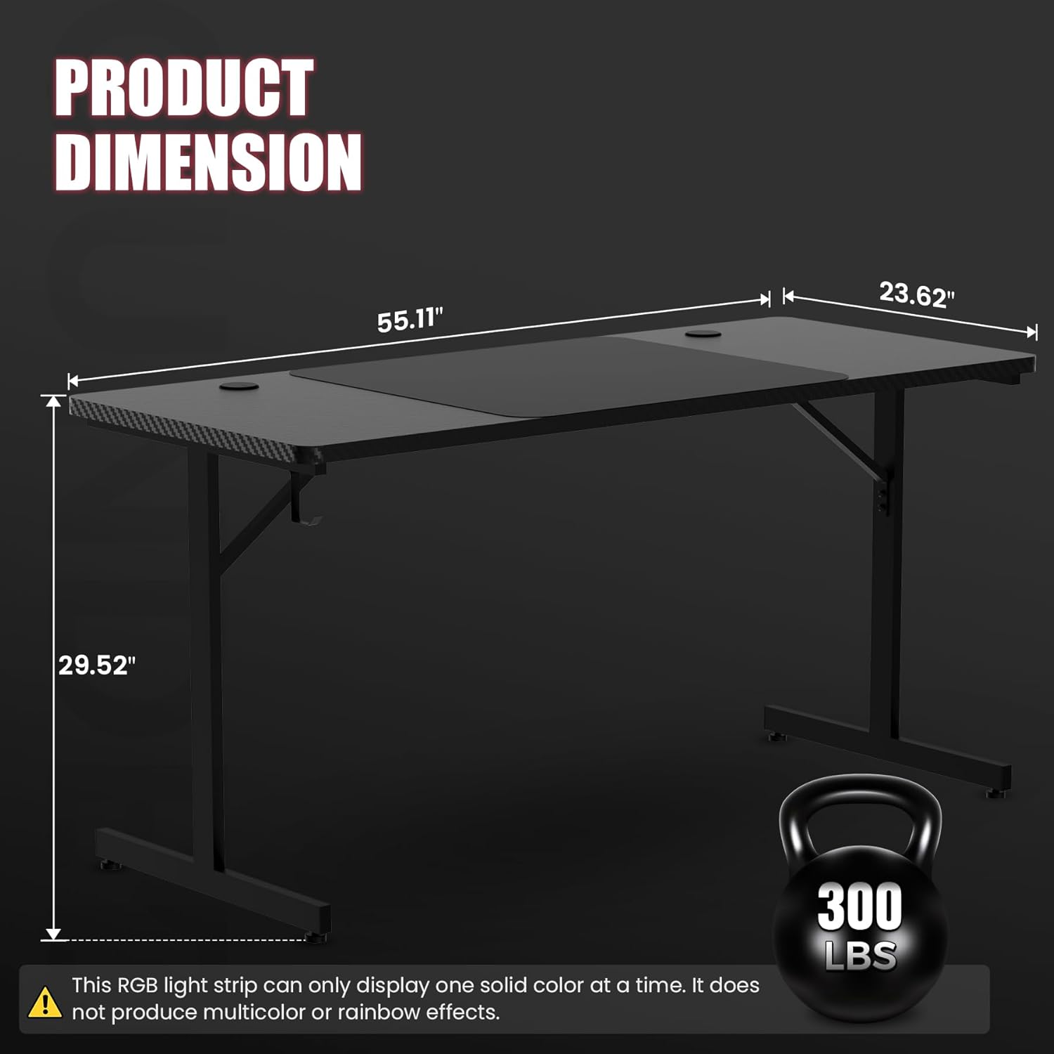 GTPLAYER 55 Inch Gaming Desk with LED Lights, Large Computer Desk with Mouse Pad for Home Office, T-Shaped Carbon Fibre Surface PC Game Workstations with Headphone Hook - Image 3