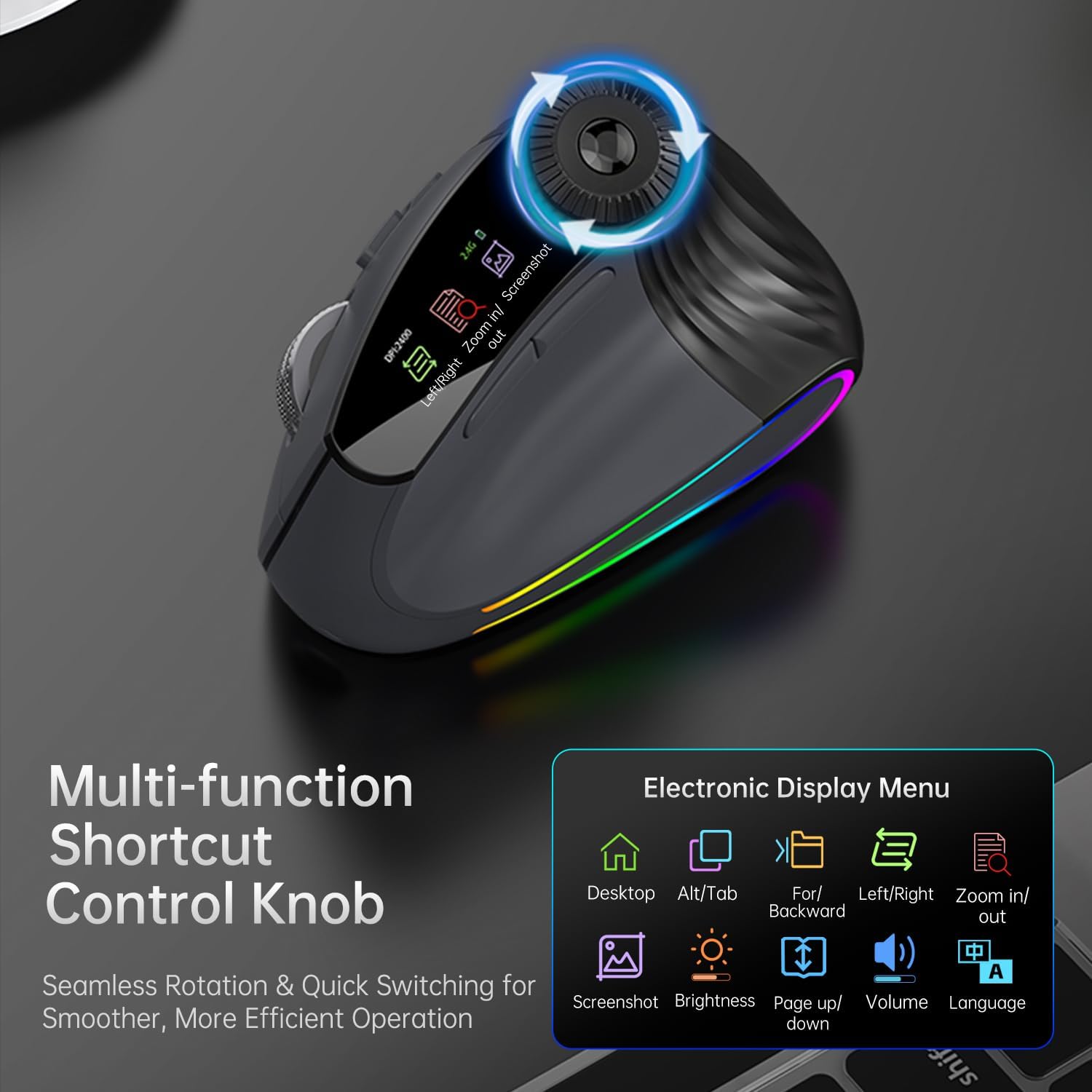 Ergonomic Vertical Mouse Wireless, Rechargeable Bluetooth Ultra-Fast Scrolling 4800 DPI Ergo Mouse, 2.4G Quiet Clicks 6 Buttons RGB Optical Mice, 3 Multi-Device Connectivity for Mac, Laptop - Image 5