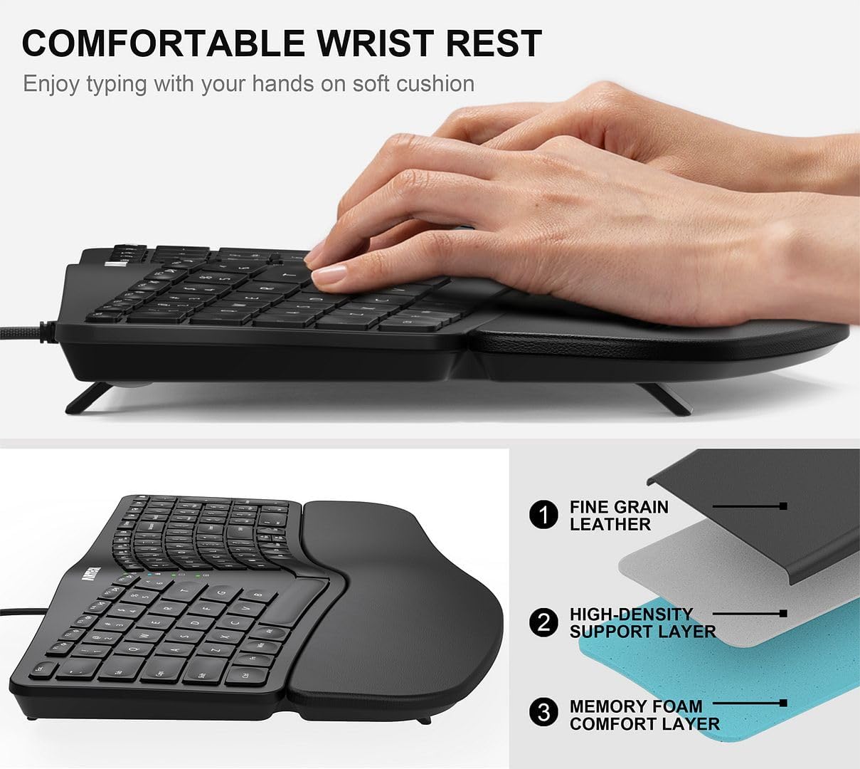 Arteck Ergonomic USB Wired Keyboard with Cushioned Wrist & Palm Rest, Backlit 7 Colors & Adjustable Brightness Comfortable Natural Split Keyboard with 6 Feet Wire for Windows Computer Desktop Laptop - Image 3