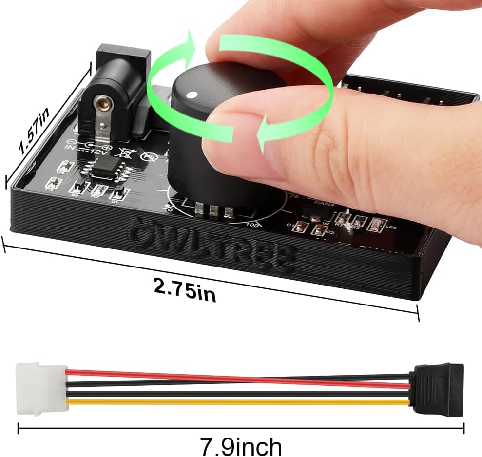 4 Pin 12V PWM Fan Controller 6 Fans Supported , PC Fan Adapter Hub Powered by SATA and DC 5525, Cooling Fan Speed Knob with Max Total 60W 5A Output - Image 6