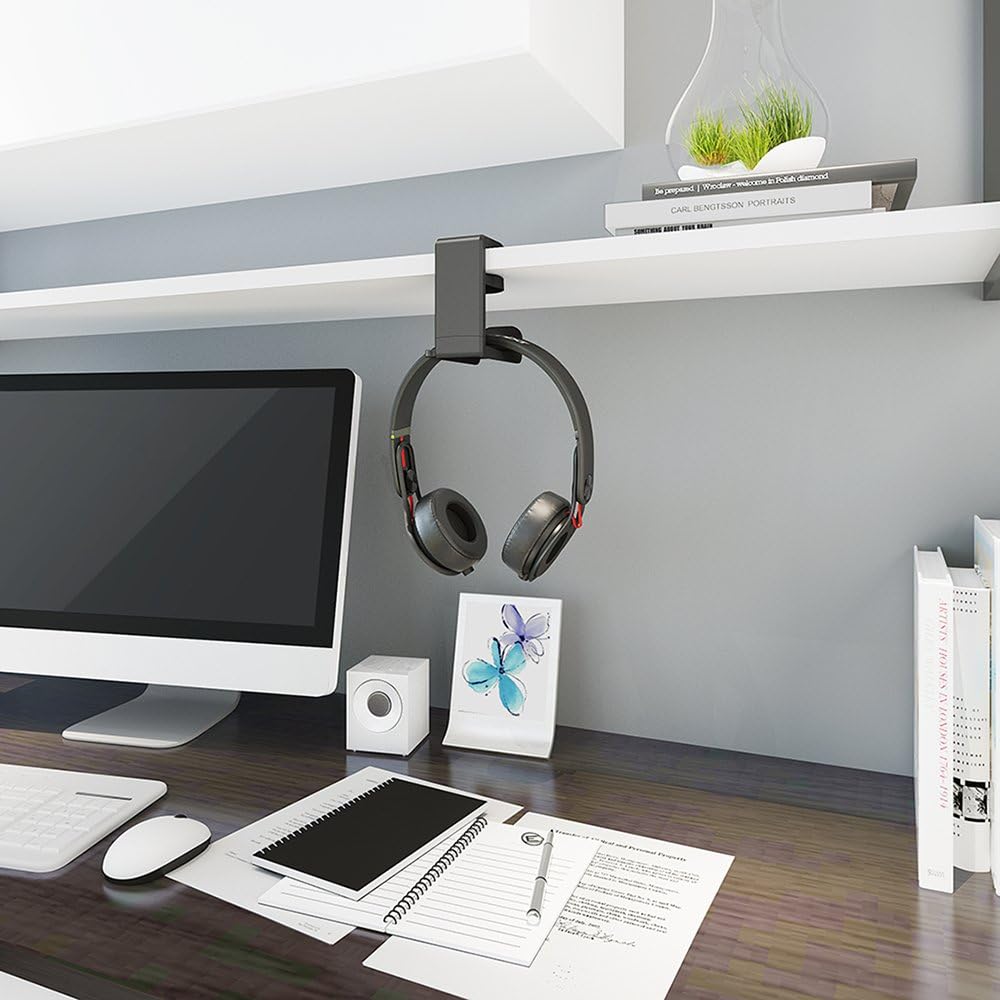 Rotating Headphone Stand - EURPMASK PC Gaming Headset Stand, Adjustable Clamp-on Headphone Holder, Headphone Hanger Hook Under Desk with 360 Degree Swivel&Cable Clip Organizer - Black, 2 Pack - Image 2