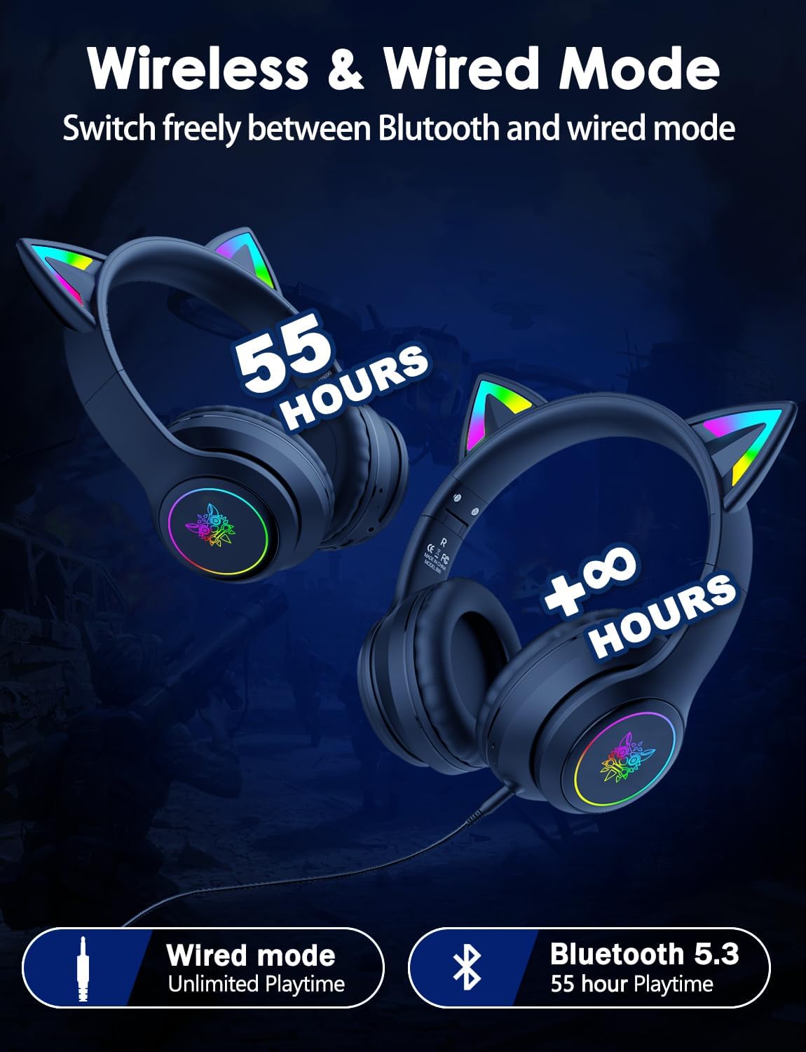Cat Ear Bluetooth Headphones for Kids & Adults, 55H Play Time, Wireless Foldable & Wired Multi-Function LED Light Up Over Ear Headphones with Mic and Volume Control for iPhone/iPad/Laptop/PC - Image 4