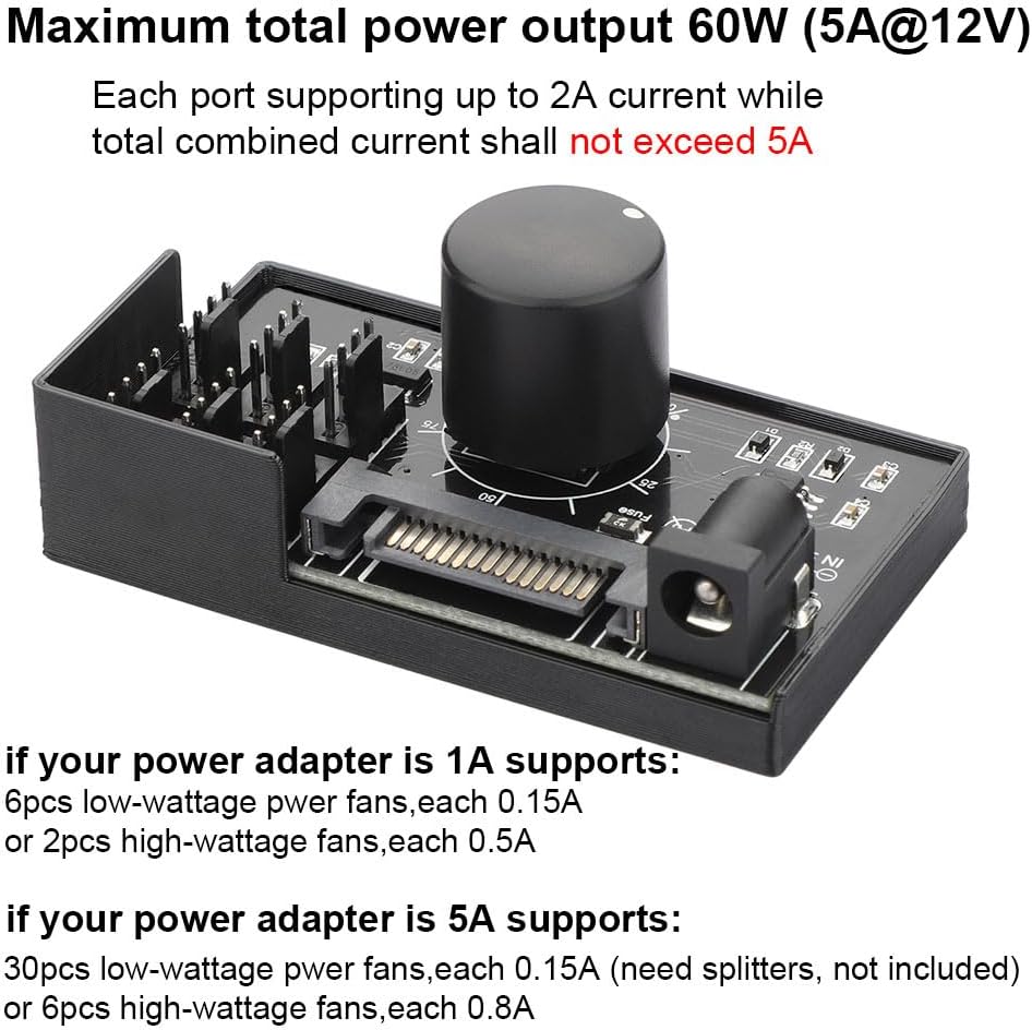 4 Pin 12V PWM Fan Controller 6 Fans Supported , PC Fan Adapter Hub Powered by SATA and DC 5525, Cooling Fan Speed Knob with Max Total 60W 5A Output - Image 4