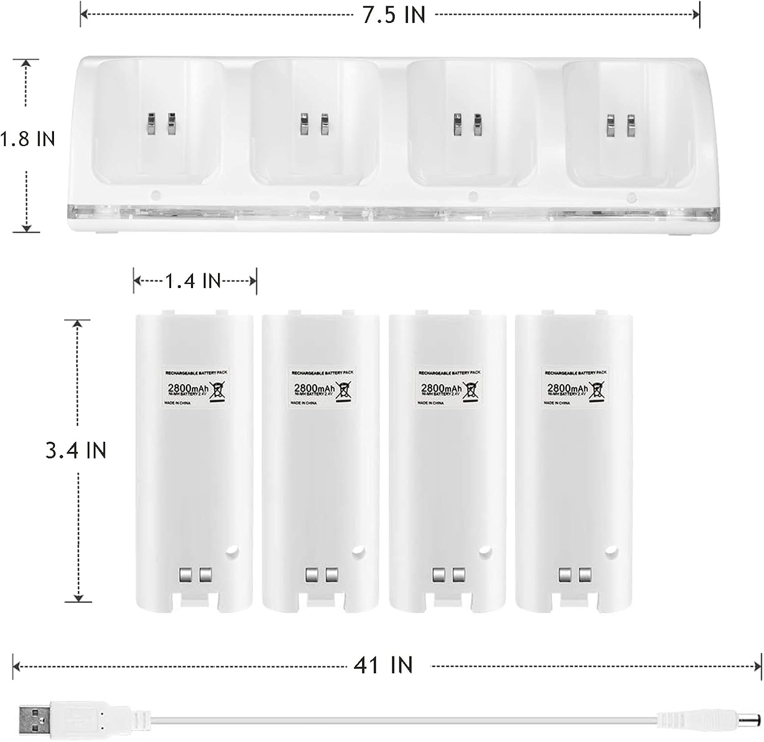4-in-1 Charging Station for Wii&Wii U Remote Controller,Charger with 4 Rechargeable Battery Packs (4 Port Charging Station+4 pcs 2800mAh Replacement Batteries+USB Cable),Remote Not Included - Image 7