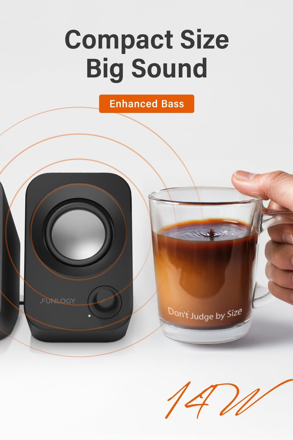 FUNLOGY Speaker - 14W Stereo PC Speakers, USB Powered, Compact Size with 30° Tilt Design, Volume Dial Control, for Desktop, Laptop, Monitor, Gaming Consoles, Black - Image 3