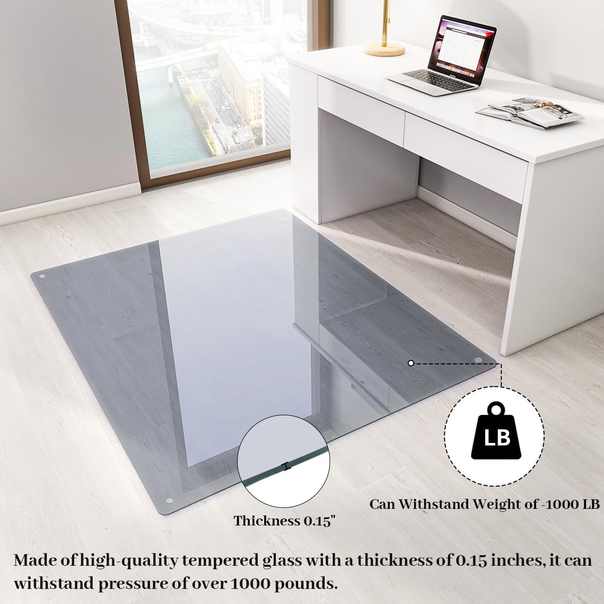 Tempered Glass Floor Mat for Office Chair, 36" x 46" Heavy Duty Hard Office Chair Mat, for Carpeted or Hard Floor, with 4 Anti-Slip Pads, Grey - Image 3