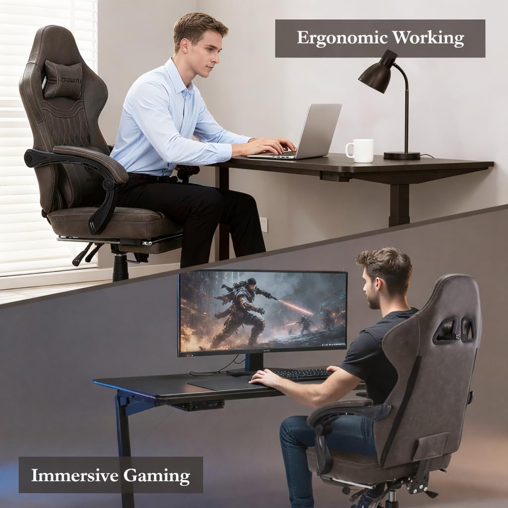 Dowinx Gaming Chair Breathable PU Leather Gamer Chair with Footrest Massage Lumbar Support, Big and Tall Ergonomic Reclining Computer Chair with Pocket Spring Cushion for Adults Teens (Brown) - Image 6