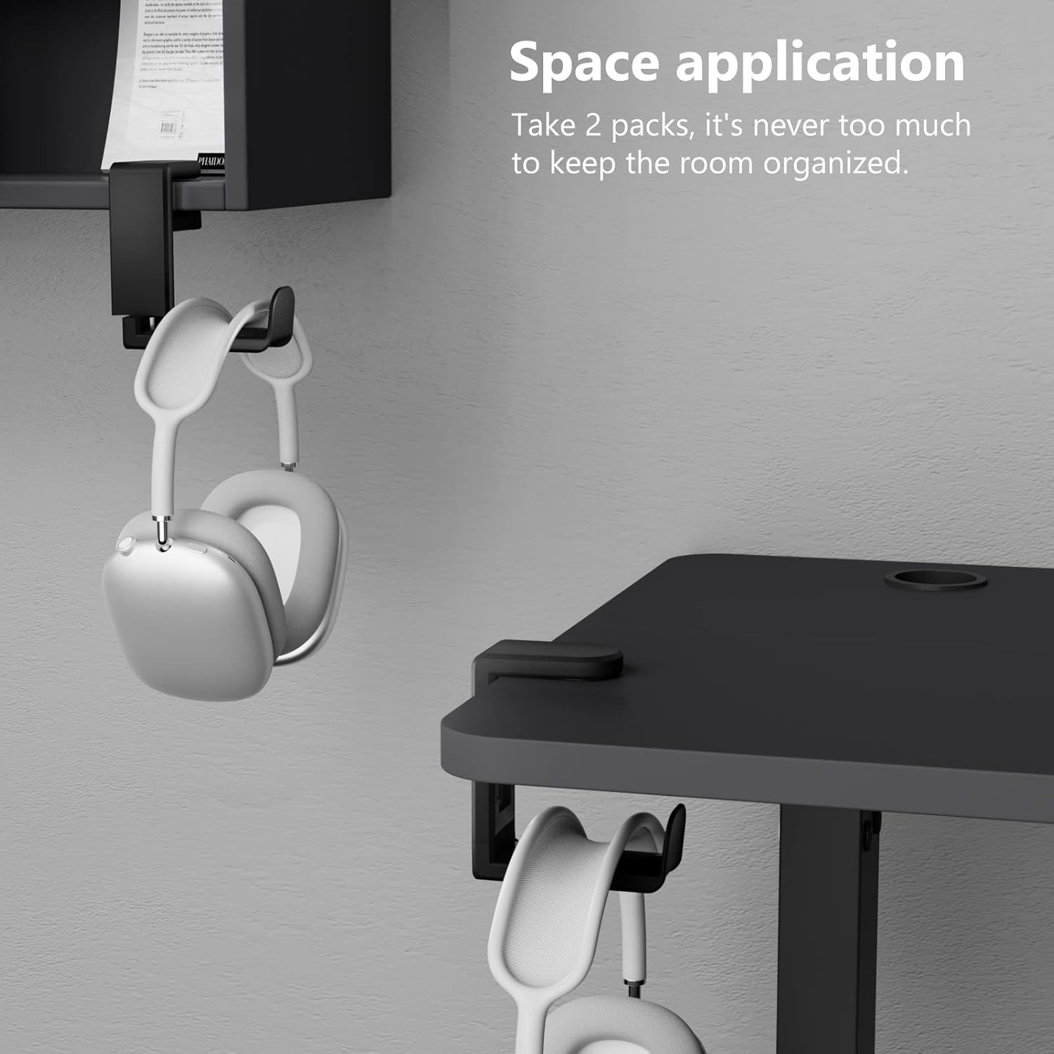 Rotating Headphone Stand - EURPMASK PC Gaming Headset Stand, Adjustable Clamp-on Headphone Holder, Headphone Hanger Hook Under Desk with 360 Degree Swivel&Cable Clip Organizer - Black, 2 Pack - Image 3