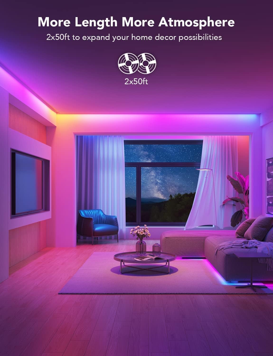 Govee 100ft RGBIC LED Strip Lights, Smart LED Lights Work with Alexa and Google Assistant, LED Lights for Bedroom WiFi App Control Segmented DIY Multiple Colors, Color Changing Light, (2 x 50ft) - Image 2