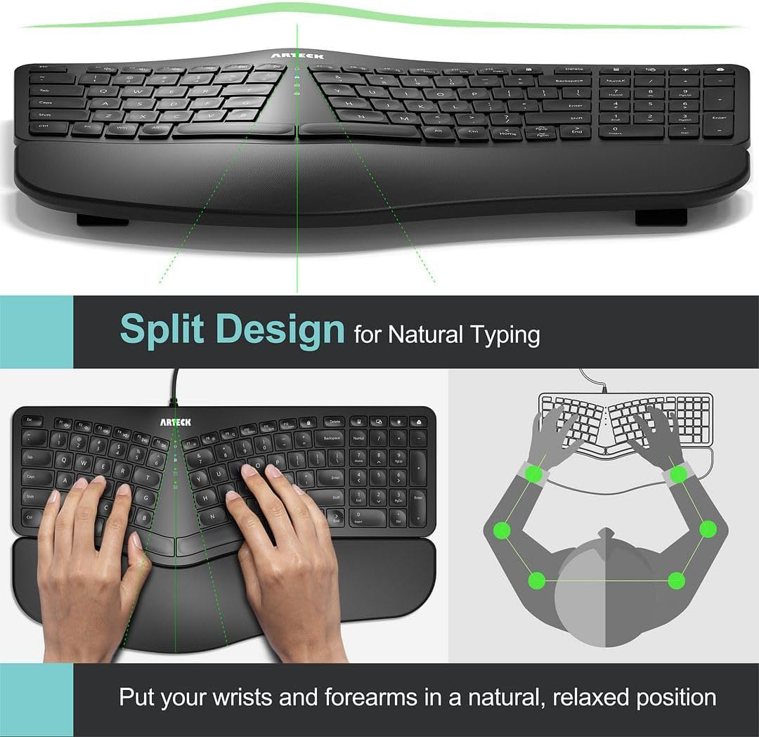 Arteck Ergonomic USB Wired Keyboard with Cushioned Wrist & Palm Rest, Backlit 7 Colors & Adjustable Brightness Comfortable Natural Split Keyboard with 6 Feet Wire for Windows Computer Desktop Laptop - Image 2