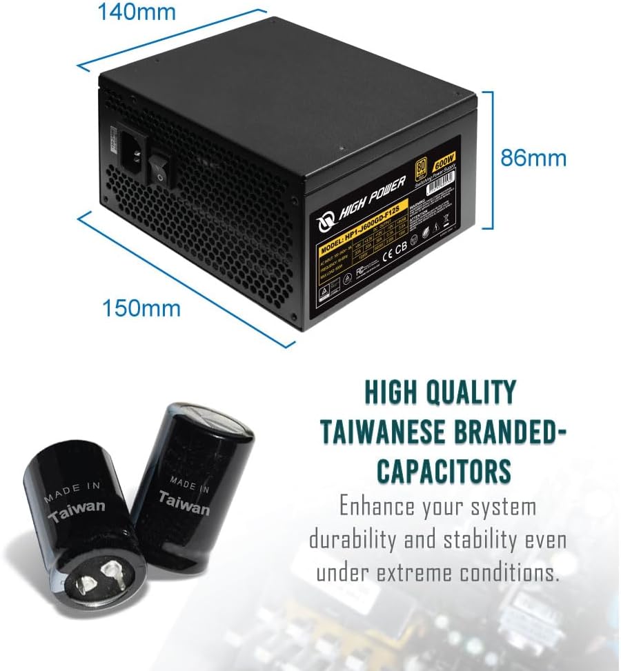 HIGH POWER 600W Power Supply, 80 Plus Gold Certified PSU, Continuous Power with 120mm Whisper Quiet Fan, ATX 12V V2.3/EPS 12V Active PFC Reliable Performance, Energy-Efficient - Image 5