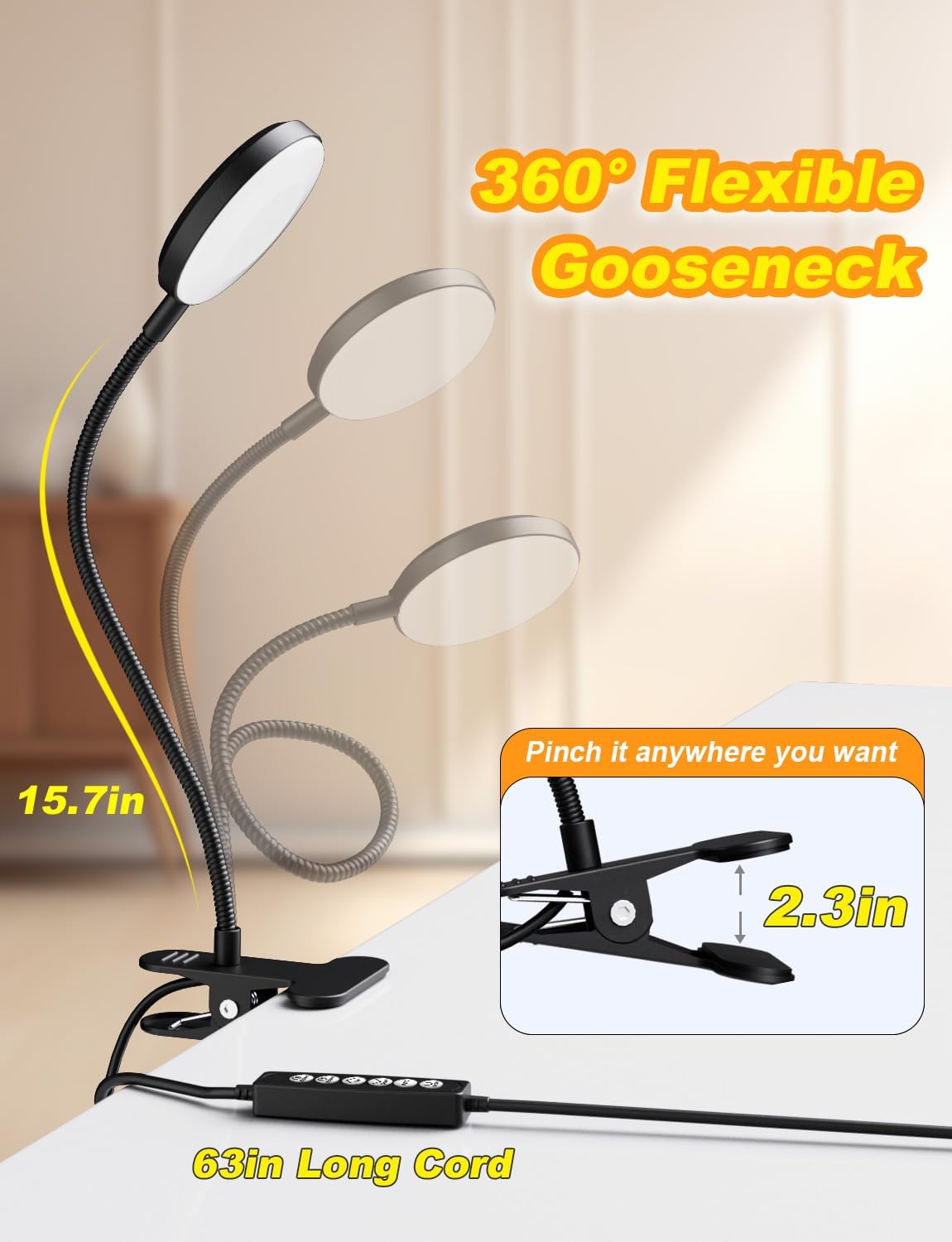 Desk Lamp with Clamp-10W,2-in-1 with RGB Ambient & Warm White Light,Book Reading Light Color Changeable/Flexible Gooseneck LED Lamps Clip on Bed Headboard and Computers 800LM-Black - Image 5