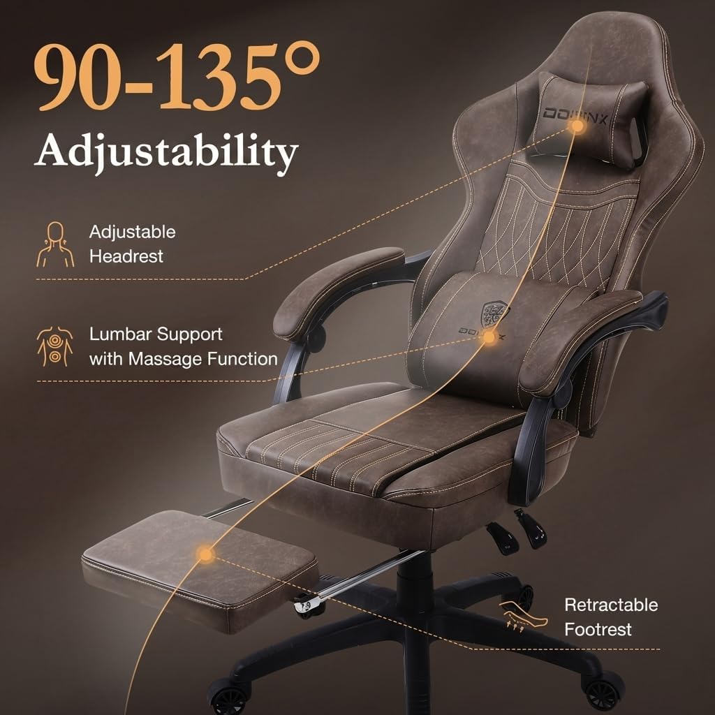 Dowinx Gaming Chair Breathable PU Leather Gamer Chair with Footrest Massage Lumbar Support, Big and Tall Ergonomic Reclining Computer Chair with Pocket Spring Cushion for Adults Teens (Brown) - Image 7