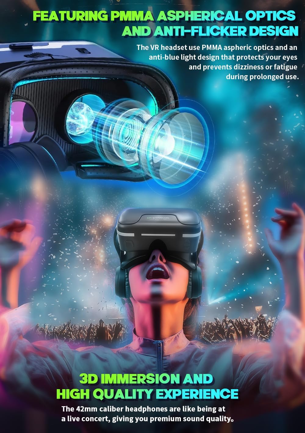 VR Headset with Built-in Headphones, 120° FOV Aspheric Lenses for 4.7-7" Smartphones, 3D VR Glasses Adjustable Focus/IPD, Compatible iPhone Android - Image 7