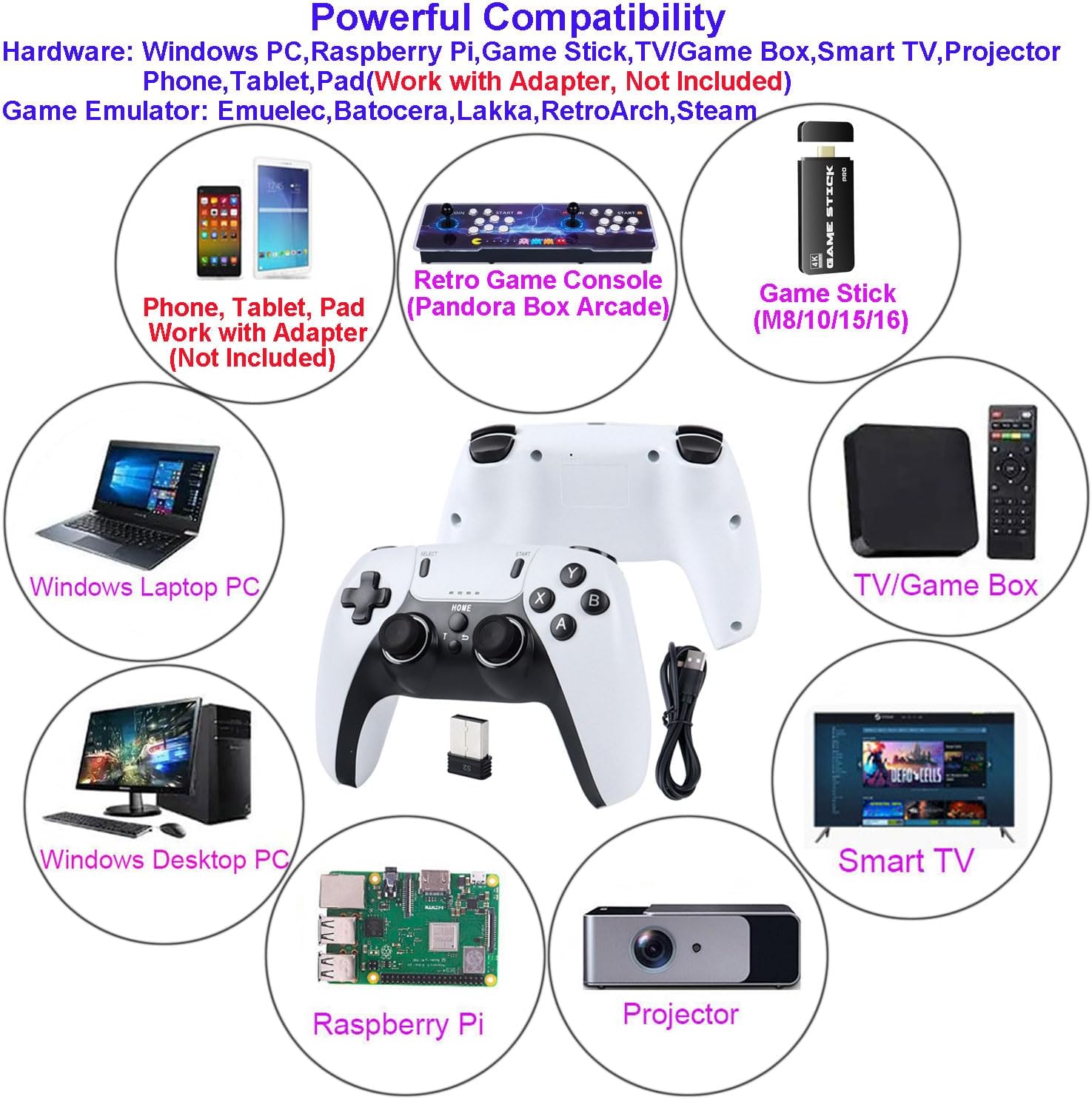 USB Twin Wireless Controller for Retro Game Emulator Gamepad Rechargeable Remote Joystick Joypad for Windows PC,Raspberry Pi,Smart TV/Game Stick/Box, Projector with Emuelec,Batocera,Lakka,RetroArch - Image 2