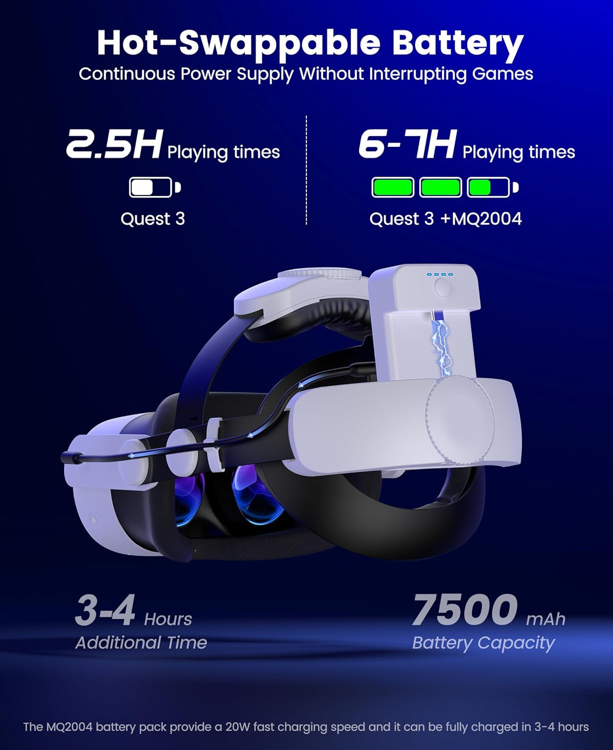 Kawaye for Meta Quest 3S/Quest 2/Quest 3 Head Strap with 7500mAh Hot-Swap Battery Pack, Double Knobs Adjustable VR Headset Strap with Two Large Support Pad Enhanced Support, Reduce Pressure - Image 6