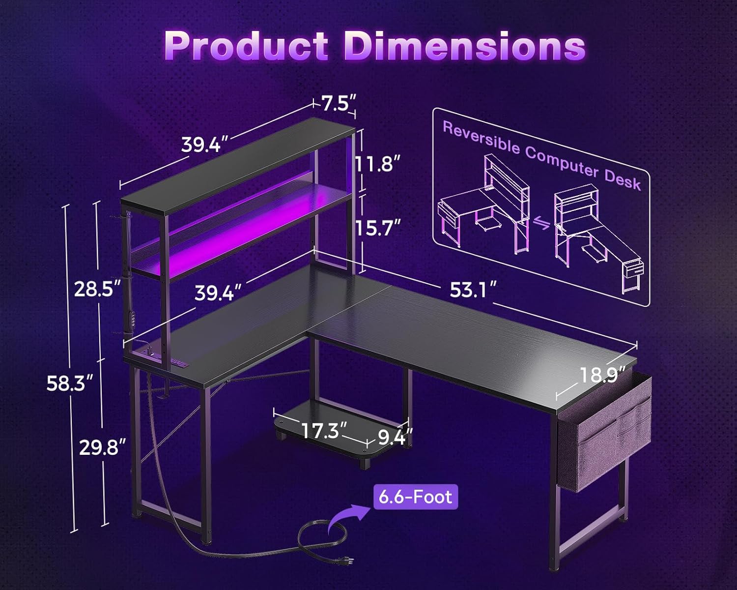 ODK 53 Inch L Shaped Gaming Desk with LED Lighting, Reversible Desk with Power Outlets, Cornor Computer Table with Storage Shelves & Bag & Iron Hook, Home Office Table for Writing, Study, Black - Image 3