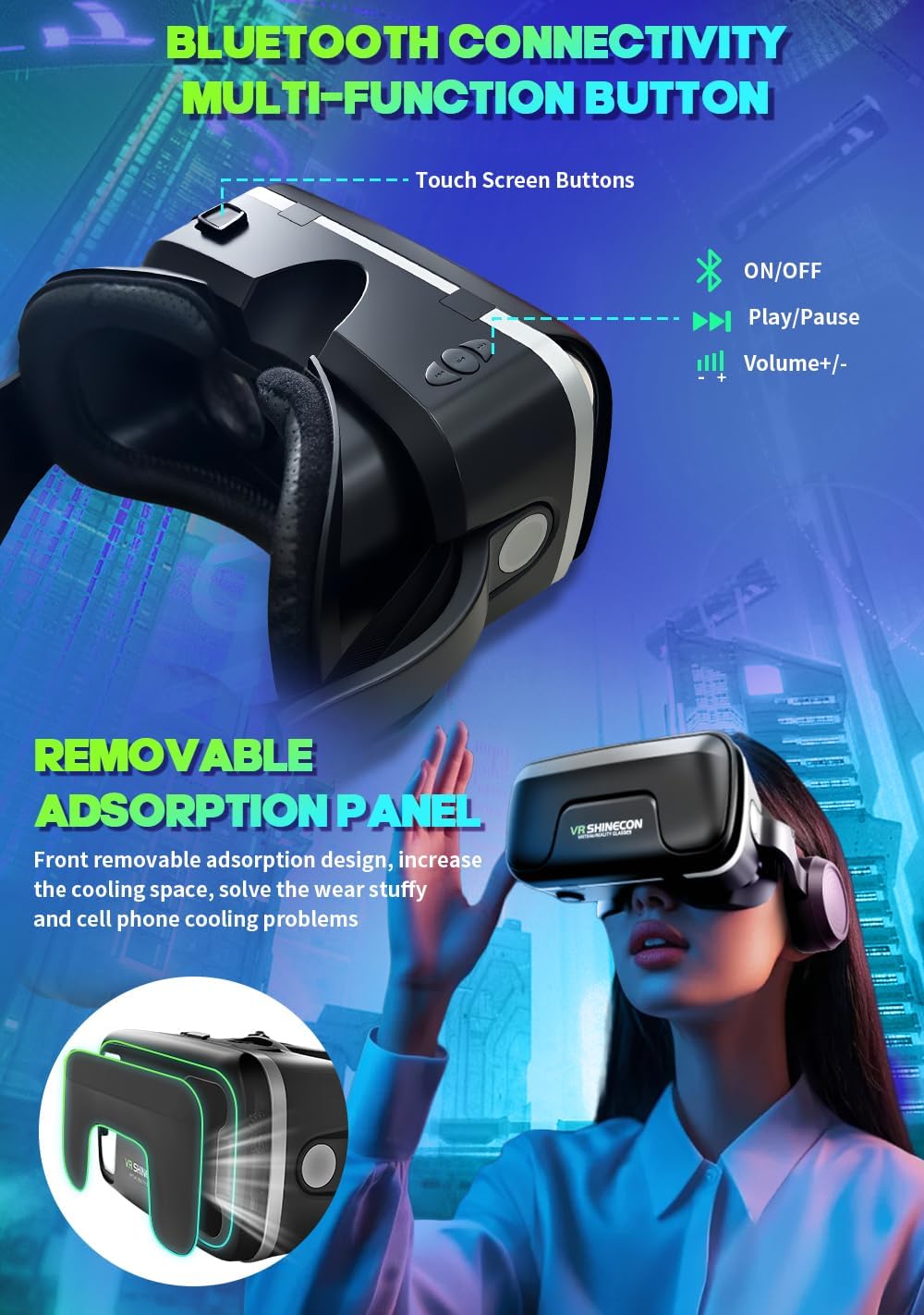 VR Headset with Built-in Headphones, 120° FOV Aspheric Lenses for 4.7-7" Smartphones, 3D VR Glasses Adjustable Focus/IPD, Compatible iPhone Android - Image 5