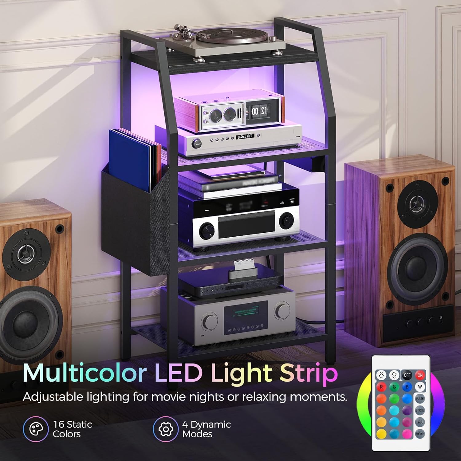 MAHANCRIS 4-Tier AV Media Stand with Power Outlet & LED Lights, Game Console Shelf with Side Storage Bag, Corner Stereo Stand Rack Audio Tower for Small Video DVD Players and Boxes, Black MSBK01E01 - Image 5