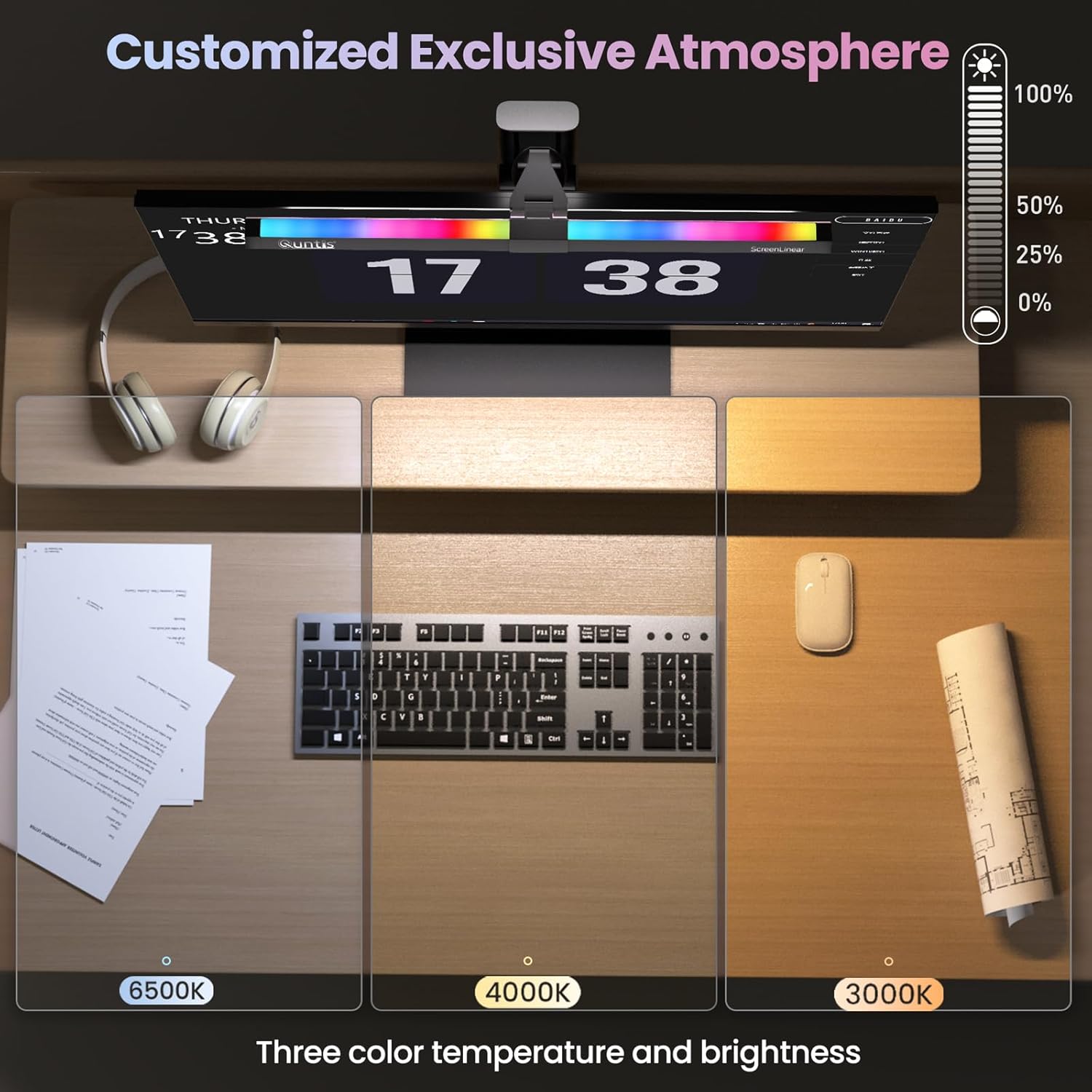 Quntis Monitor Light RGB Backlight, Eye-Care Computer Lights Bar Gaming Office Desk Lamp, 15 Modes Backlight, 3 Color Temperature & Brightness Dimmable Front Light, Ra95 Screen No Glare Monitor Lamp - Image 5