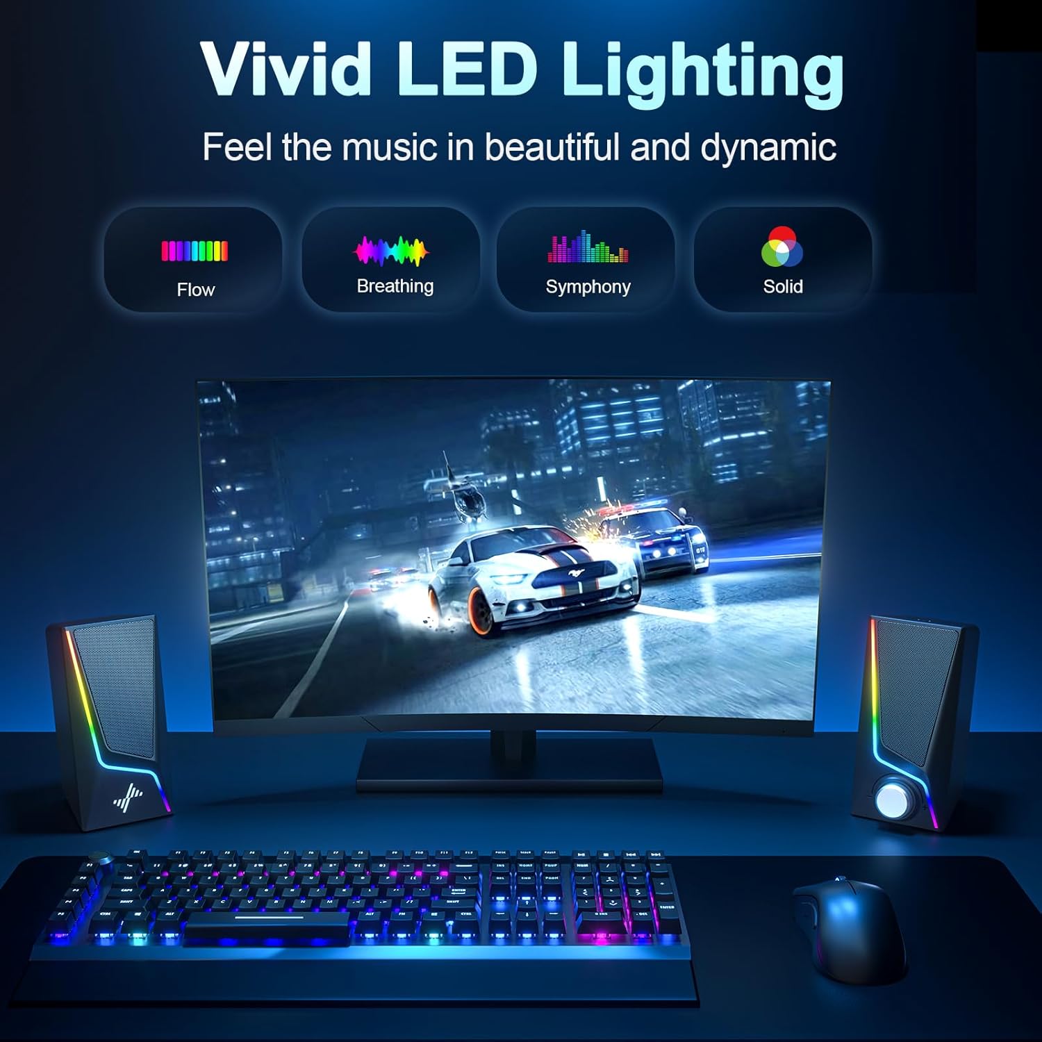 Nylavee Computer Speakers with Subwoofer, 2.1 PC Speakers System with 8 Lighting Modes, 60W Peak Power, AC Adapter Powered, Bluetooth 5.4, USB/USB-C and 3.5mm Aux in for Desktop, Monitor, Gaming - Image 4