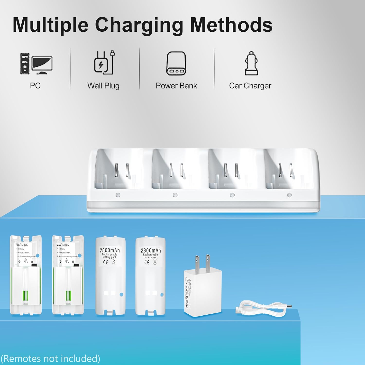 4-in-1 Charging Station for Wii&Wii U Remote Controller,Charger with 4 Rechargeable Battery Packs (4 Port Charging Station+4 pcs 2800mAh Replacement Batteries+USB Cable),Remote Not Included - Image 5