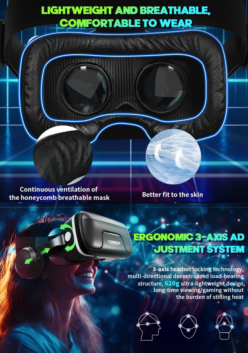 VR Headset with Built-in Headphones, 120° FOV Aspheric Lenses for 4.7-7" Smartphones, 3D VR Glasses Adjustable Focus/IPD, Compatible iPhone Android - Image 2