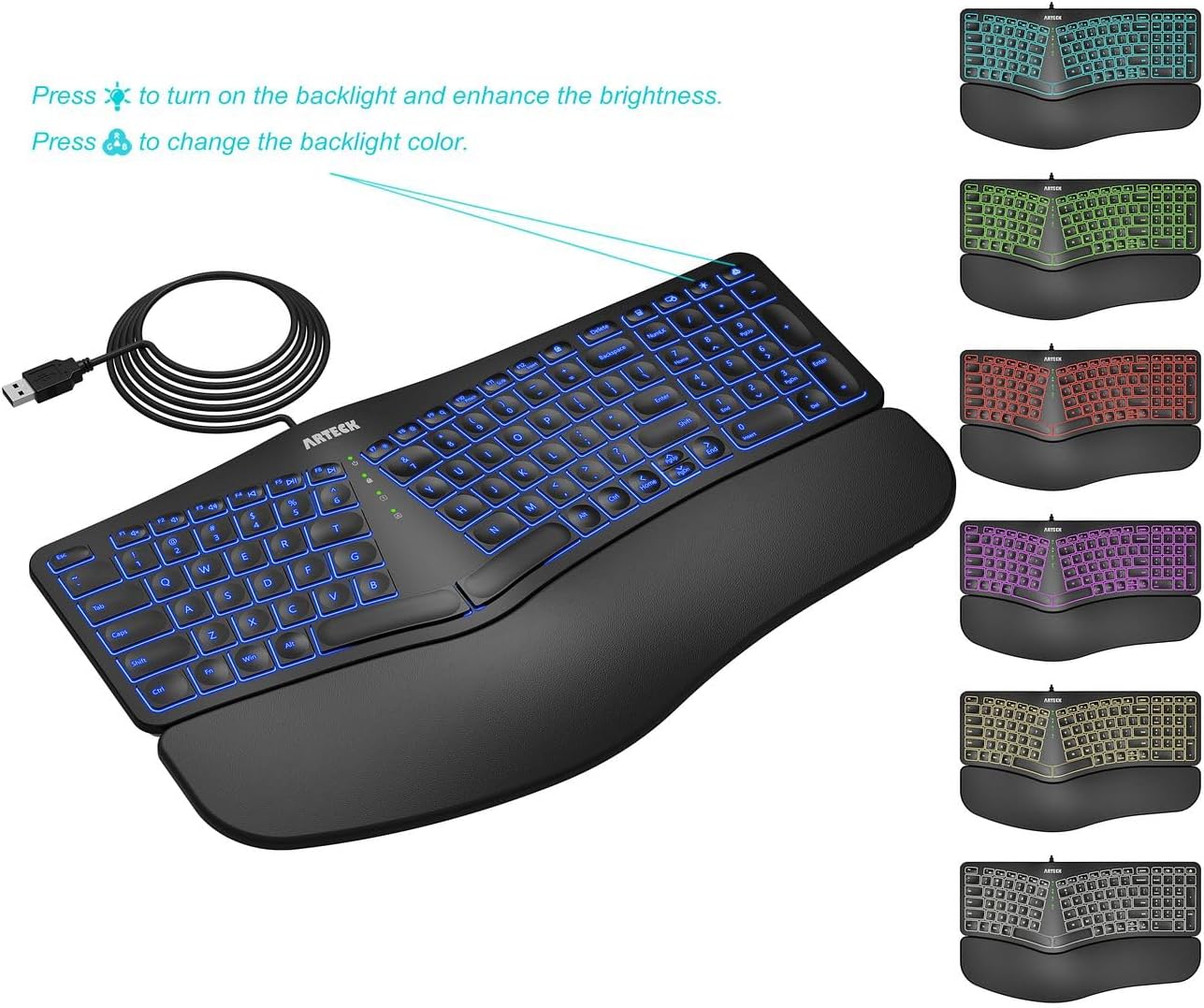 Arteck Ergonomic USB Wired Keyboard with Cushioned Wrist & Palm Rest, Backlit 7 Colors & Adjustable Brightness Comfortable Natural Split Keyboard with 6 Feet Wire for Windows Computer Desktop Laptop - Image 6