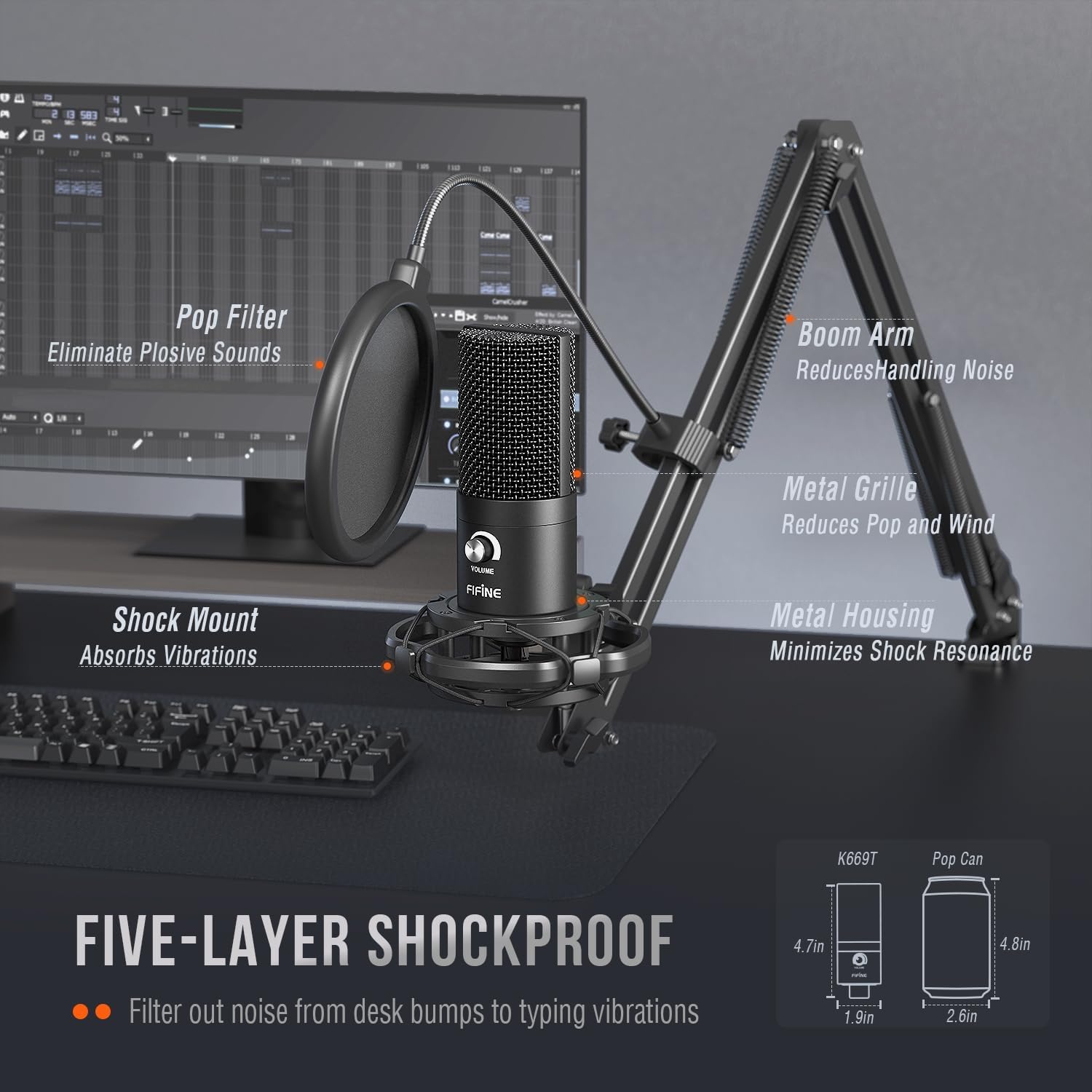 FIFINE Studio Condenser USB Microphone Computer PC Microphone Kit with Adjustable Boom Arm Stand Shock Mount for Instruments Voice Overs Recording Podcasting YouTube Vocal Gaming Streaming-T669 - Image 6