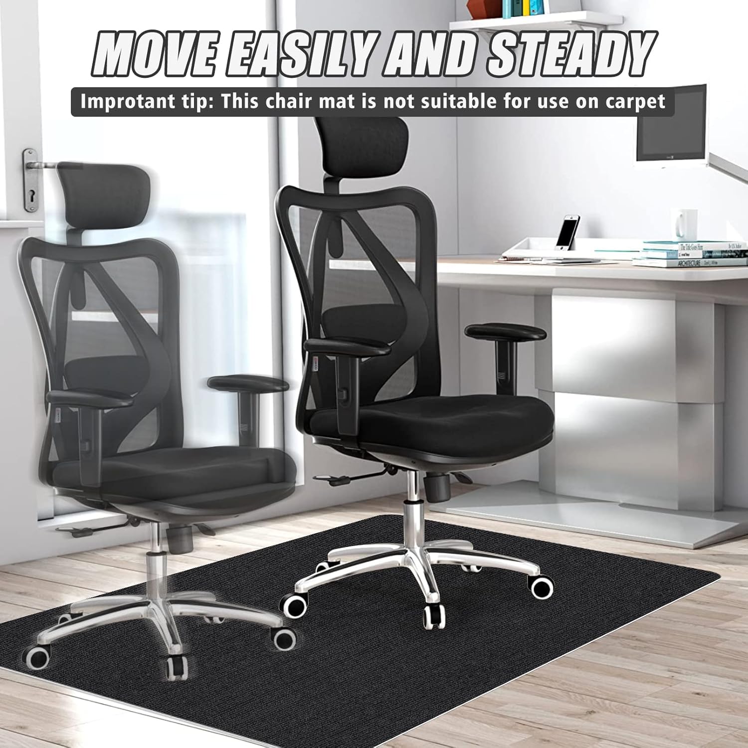 Sycoodeal Office Chair Mat for Hardwood Floor,Office Computer Gaming Chair Mat for Tile Floor,Large Floor Protector Rug,Anti-Slip,Easy to Clean,Pure Black(48"x36") - Image 4