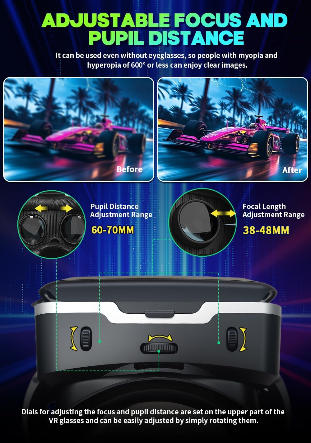 VR Headset with Built-in Headphones, 120° FOV Aspheric Lenses for 4.7-7" Smartphones, 3D VR Glasses Adjustable Focus/IPD, Compatible iPhone Android - Image 4