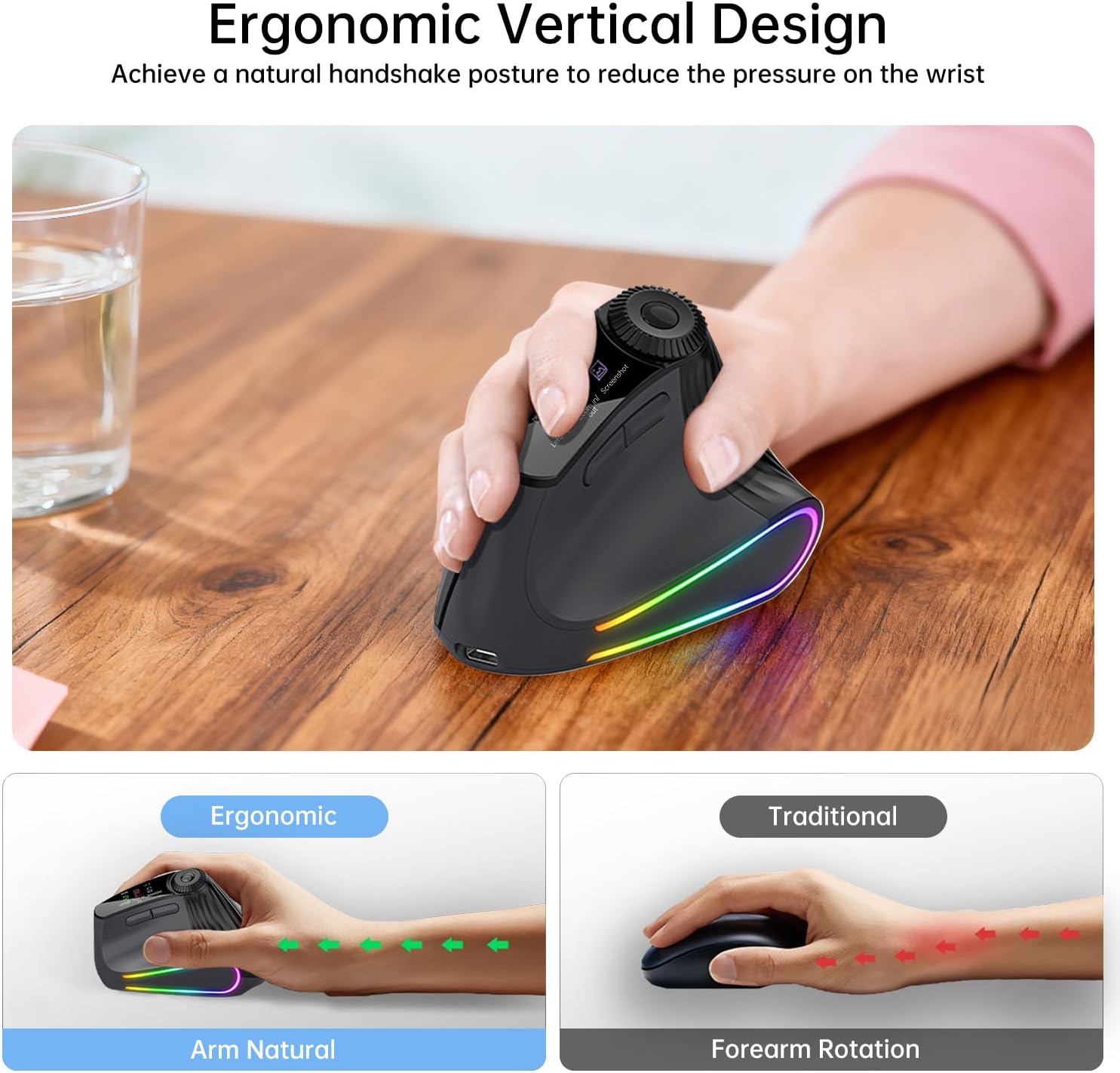 Ergonomic Vertical Mouse Wireless, Rechargeable Bluetooth Ultra-Fast Scrolling 4800 DPI Ergo Mouse, 2.4G Quiet Clicks 6 Buttons RGB Optical Mice, 3 Multi-Device Connectivity for Mac, Laptop - Image 8