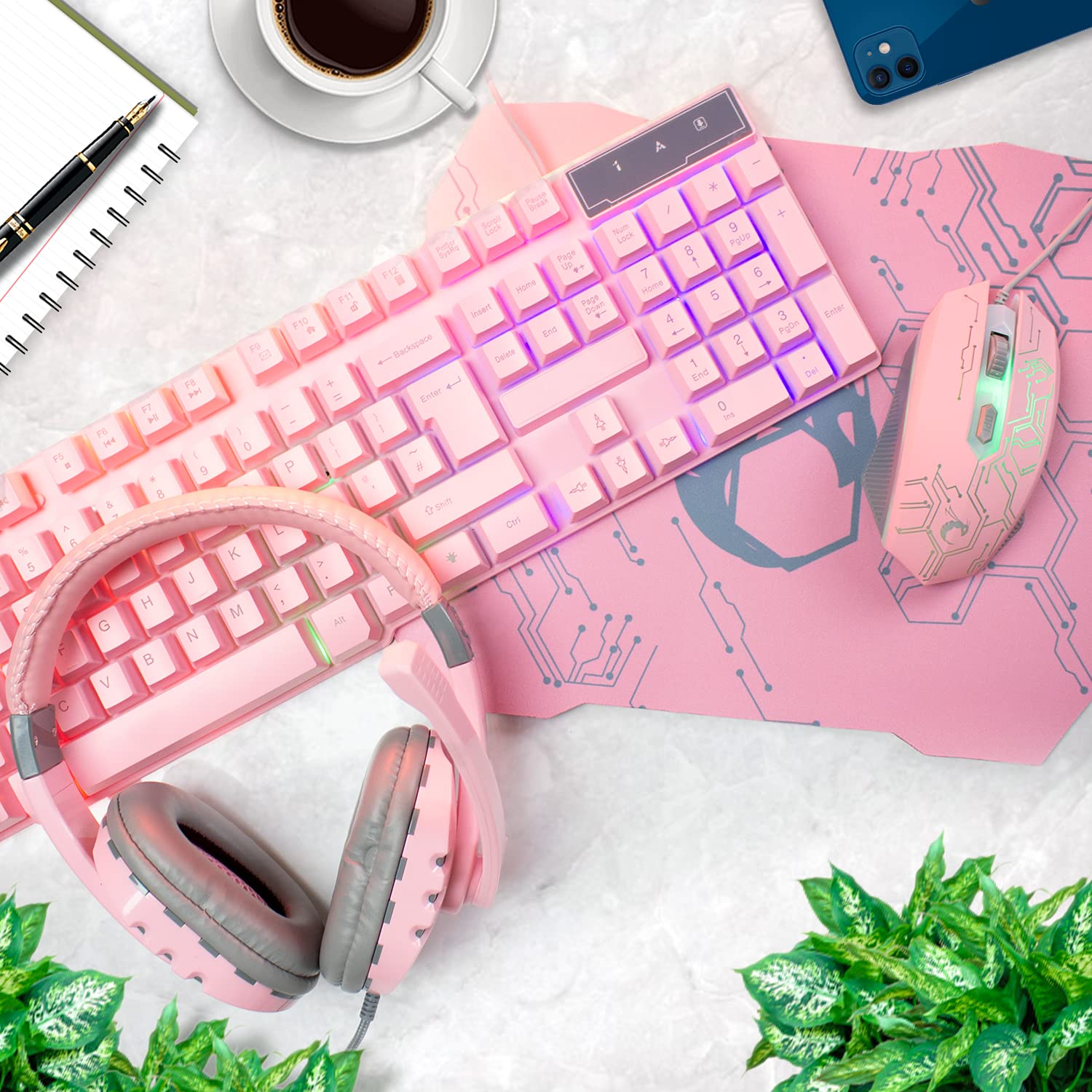 Pink Gaming Keyboard and Mouse Headset Headphones and Mouse pad, Wired LED RGB Backlight Bundle Pink PC Accessories for Gamers and Xbox and PS4 PS5 Nintendo Switch Users - 4in1 Edition Hornet RX-250 - Image 2
