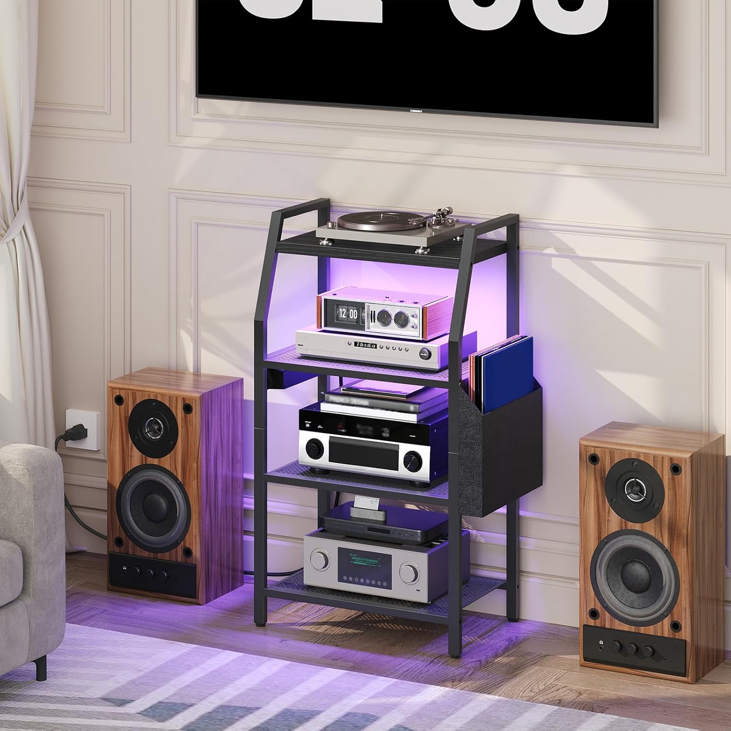 MAHANCRIS 4-Tier AV Media Stand with Power Outlet & LED Lights, Game Console Shelf with Side Storage Bag, Corner Stereo Stand Rack Audio Tower for Small Video DVD Players and Boxes, Black MSBK01E01 - Image 7