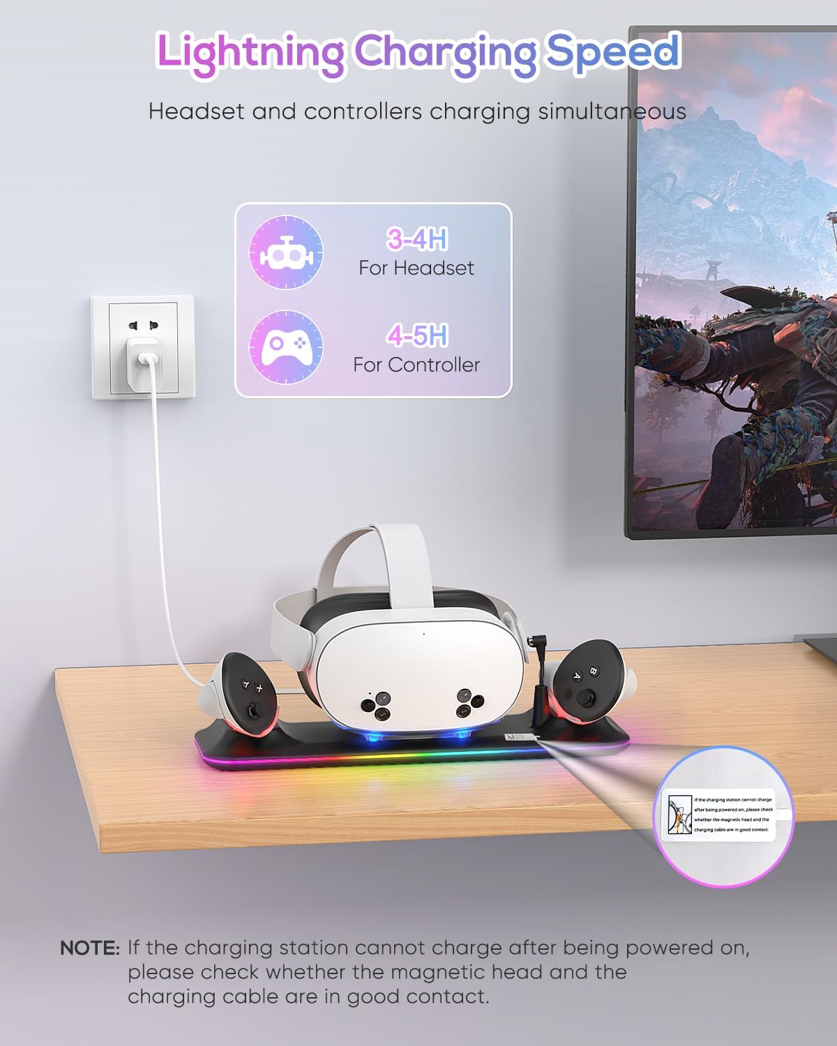 Charging Dock for Meta Quest 3S/3, Kinwin Magnetic Charging Station for Oculus Quest 3S/3 Accessories with RGB Light, Charging Stand for VR Headset & Controller with 2 Rechargeable Batteries (Black) - Image 2
