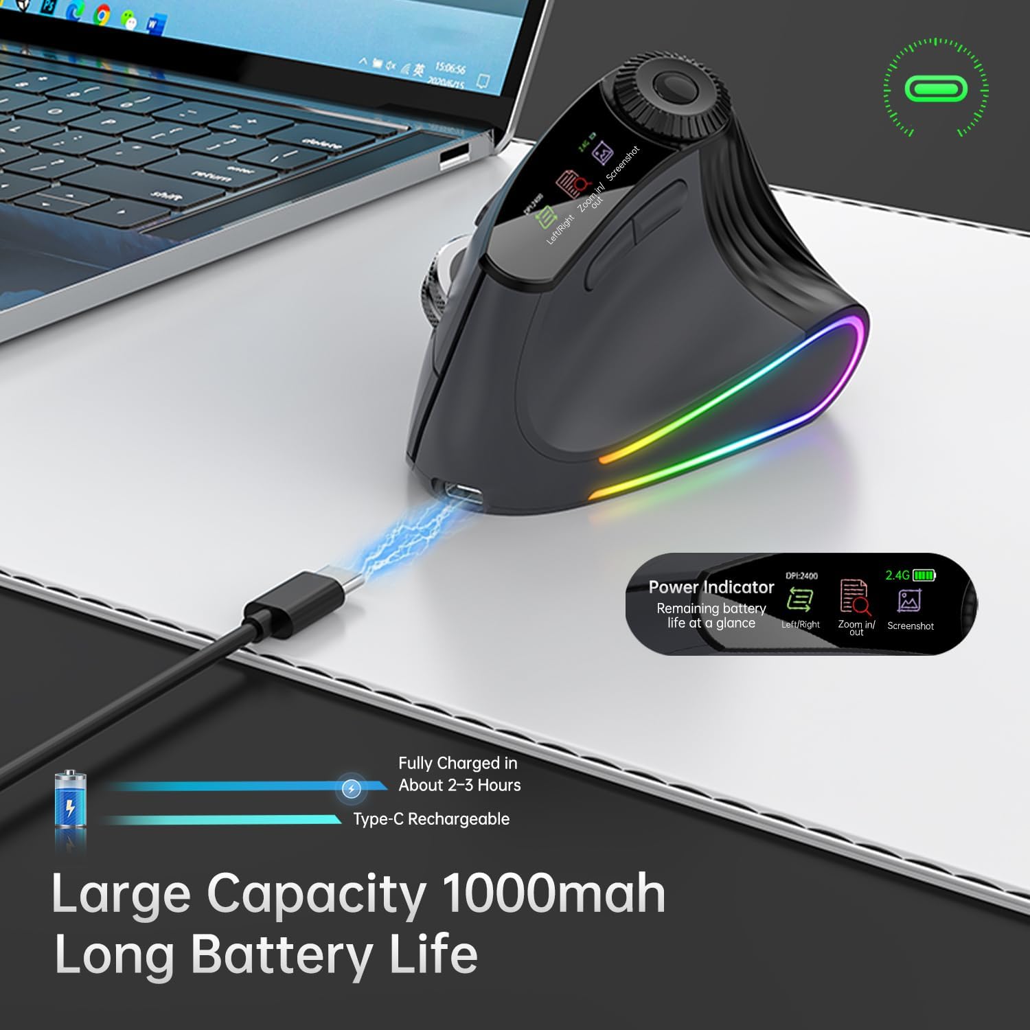 Ergonomic Vertical Mouse Wireless, Rechargeable Bluetooth Ultra-Fast Scrolling 4800 DPI Ergo Mouse, 2.4G Quiet Clicks 6 Buttons RGB Optical Mice, 3 Multi-Device Connectivity for Mac, Laptop - Image 2