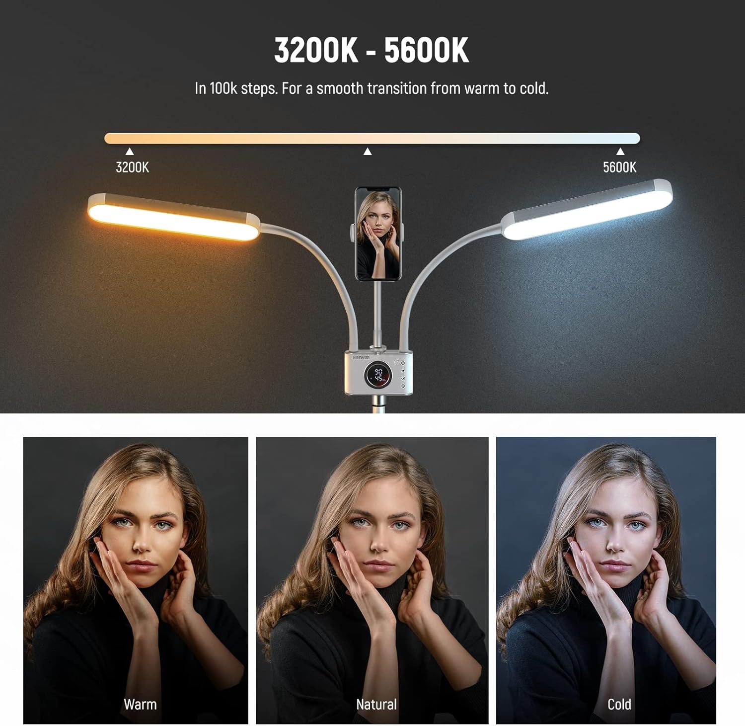 NEEWER Esthetician Light with Phone Holder & Travel Bag Kit, Support 2.4G/PC/MAC Control & Separate Control of 2 LED Light Heads, CRI98+ Bi Color Stepless Dimmable Tattoo Lighting Lash Lamp, BH40B - Image 2