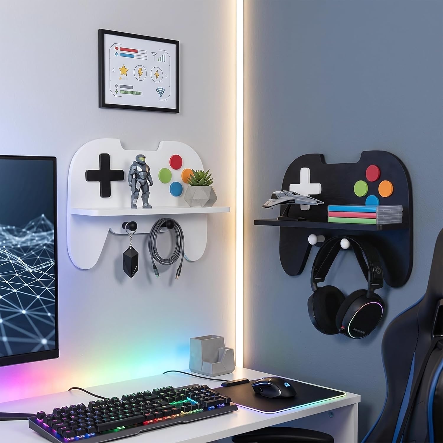 Gaming Room Decor Floating Shelves Set of 2, Controller Wall Shelf with Headphone Hooks, Gamer Wall Decor for Teen Boys Bedroom, Black & White - Image 2