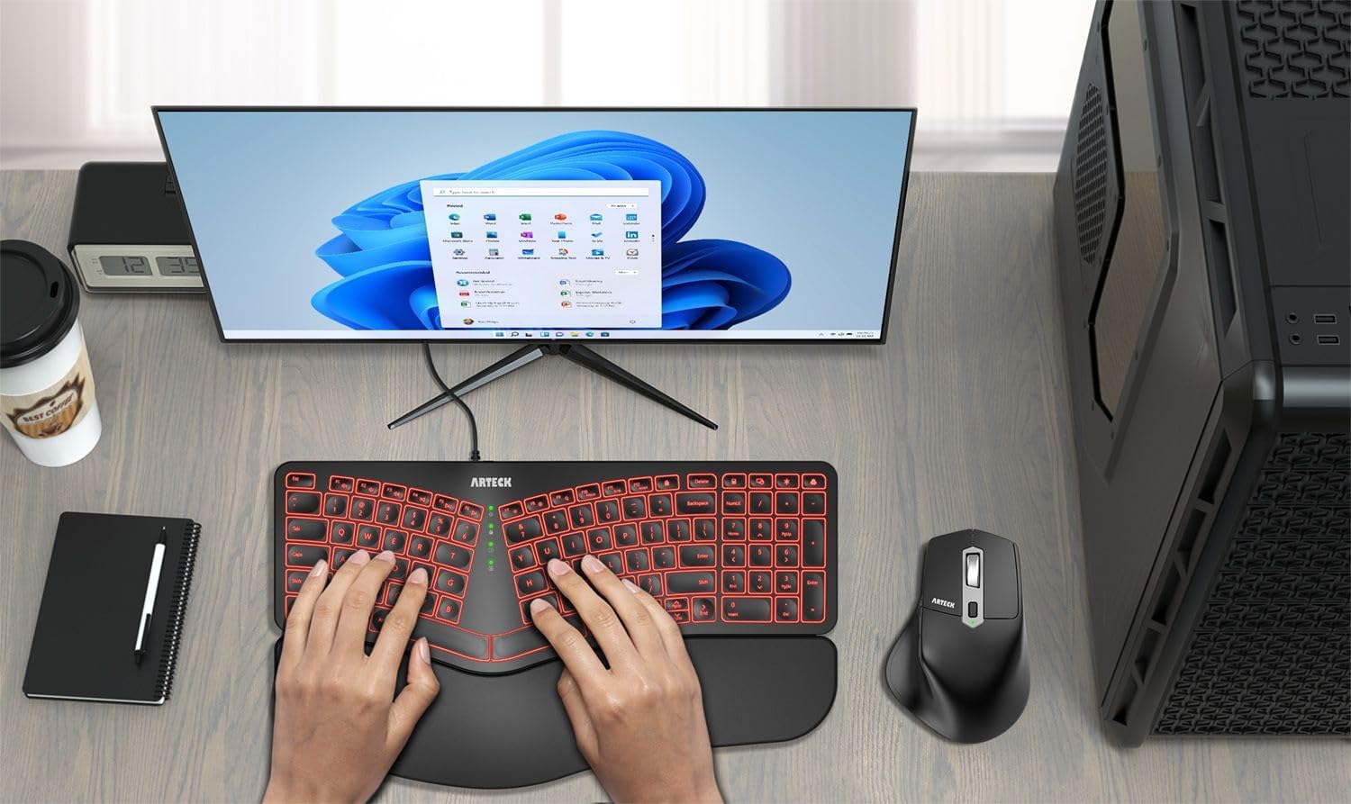 Arteck Ergonomic USB Wired Keyboard with Cushioned Wrist & Palm Rest, Backlit 7 Colors & Adjustable Brightness Comfortable Natural Split Keyboard with 6 Feet Wire for Windows Computer Desktop Laptop - Image 7